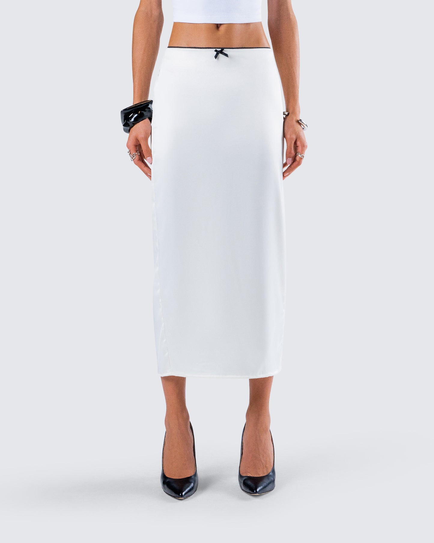 Georgia Ivory Satin Midi Skirt model front
