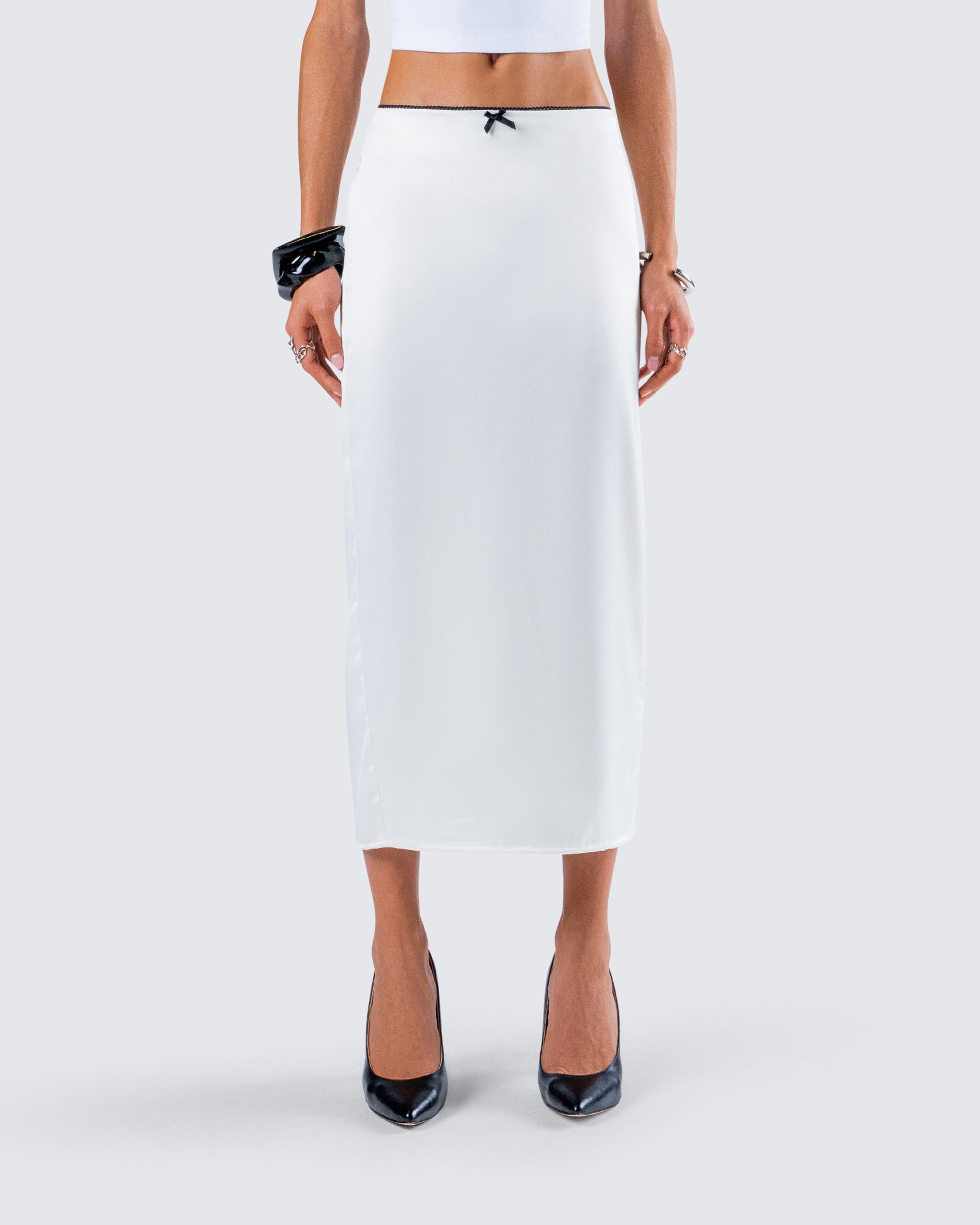 Georgia Ivory Satin Midi Skirt model front