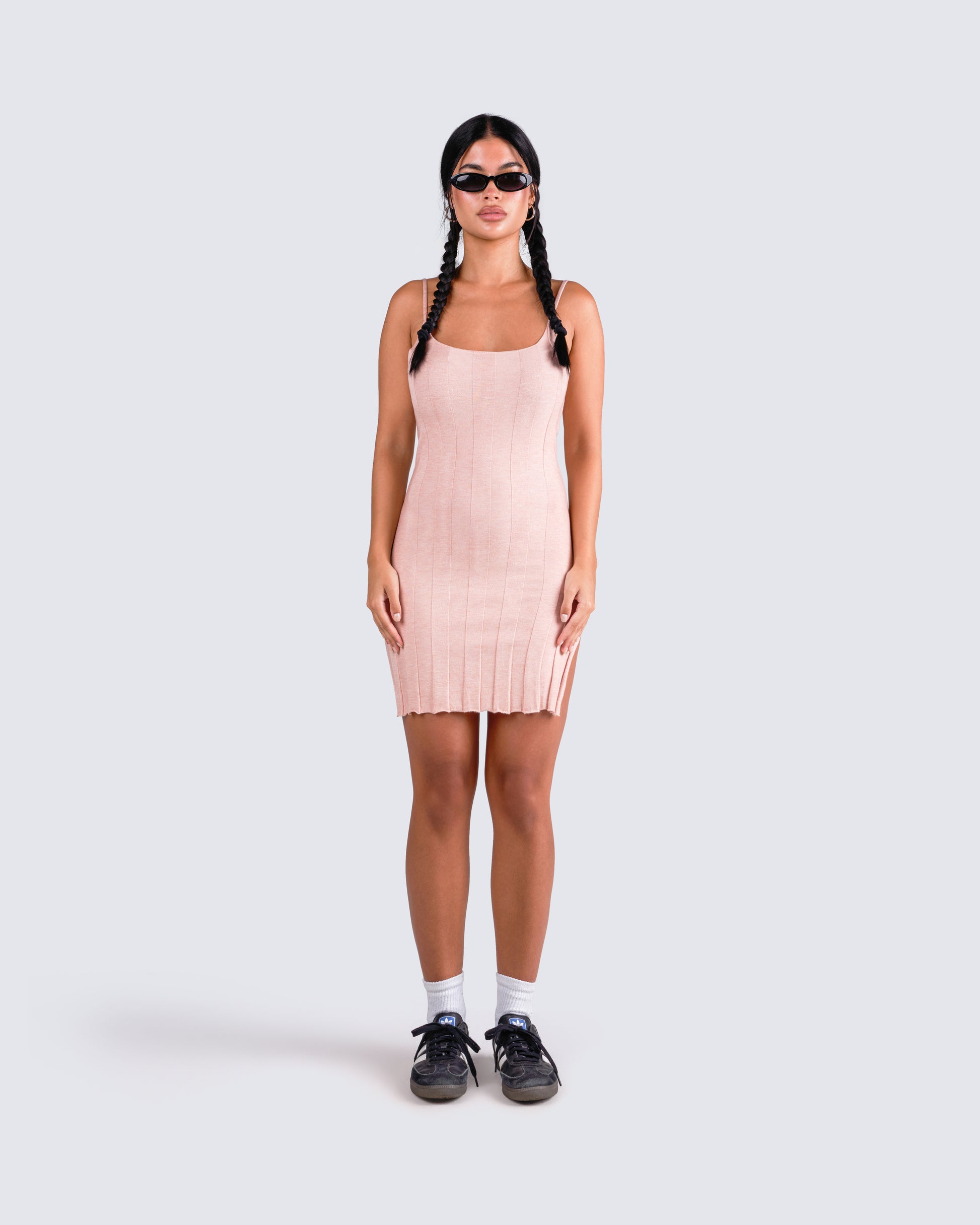 Lou Pink Stripe Mini Sweater Dress model front