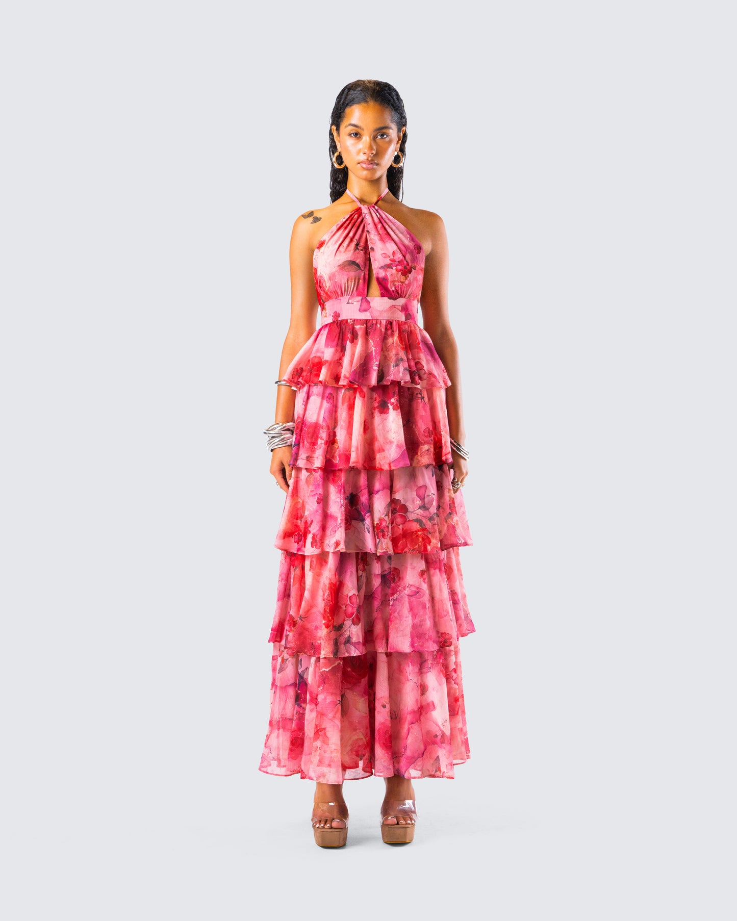 Caprice Pink Floral Maxi Dress model front