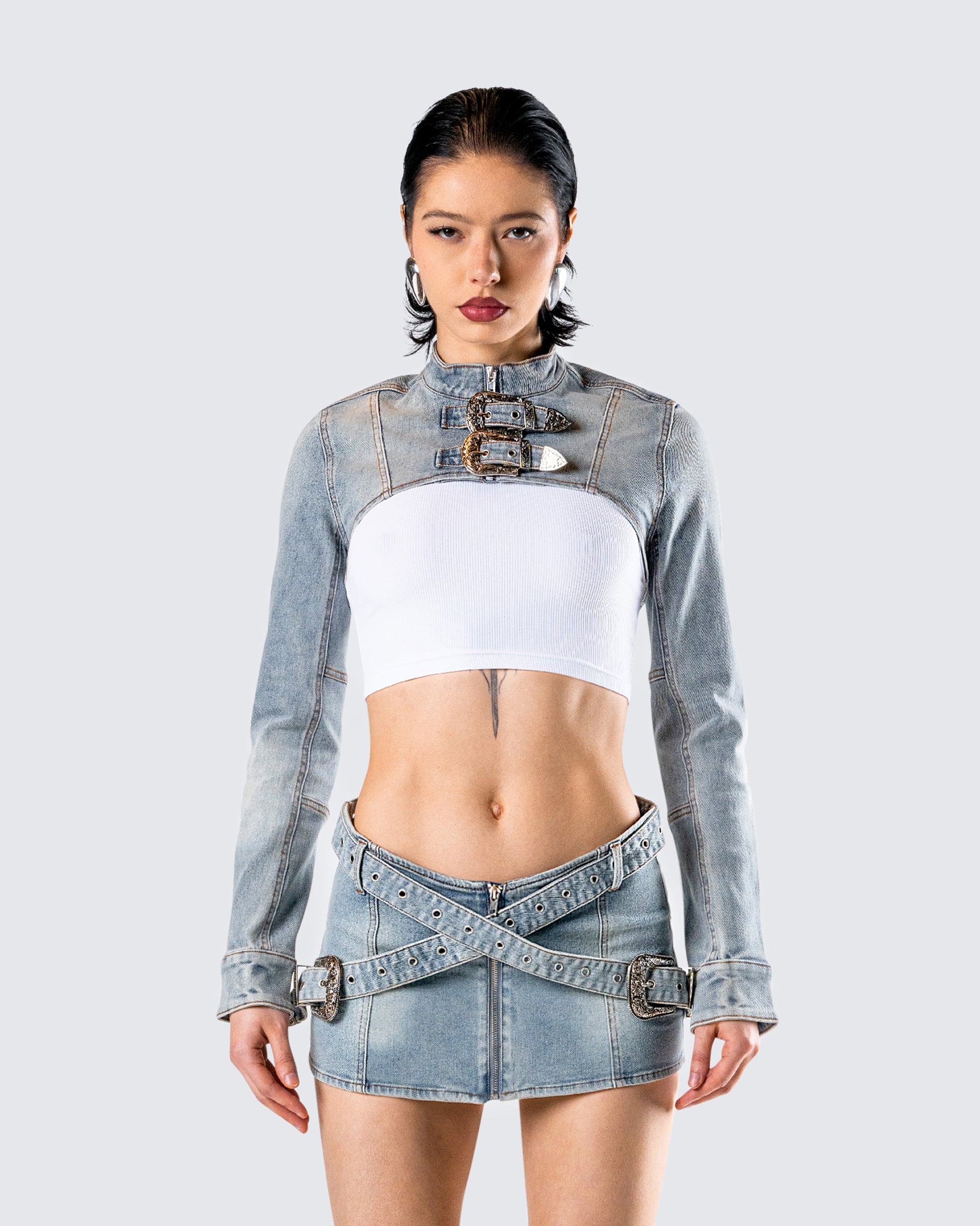 Eirene Cropped Denim Jacket model front