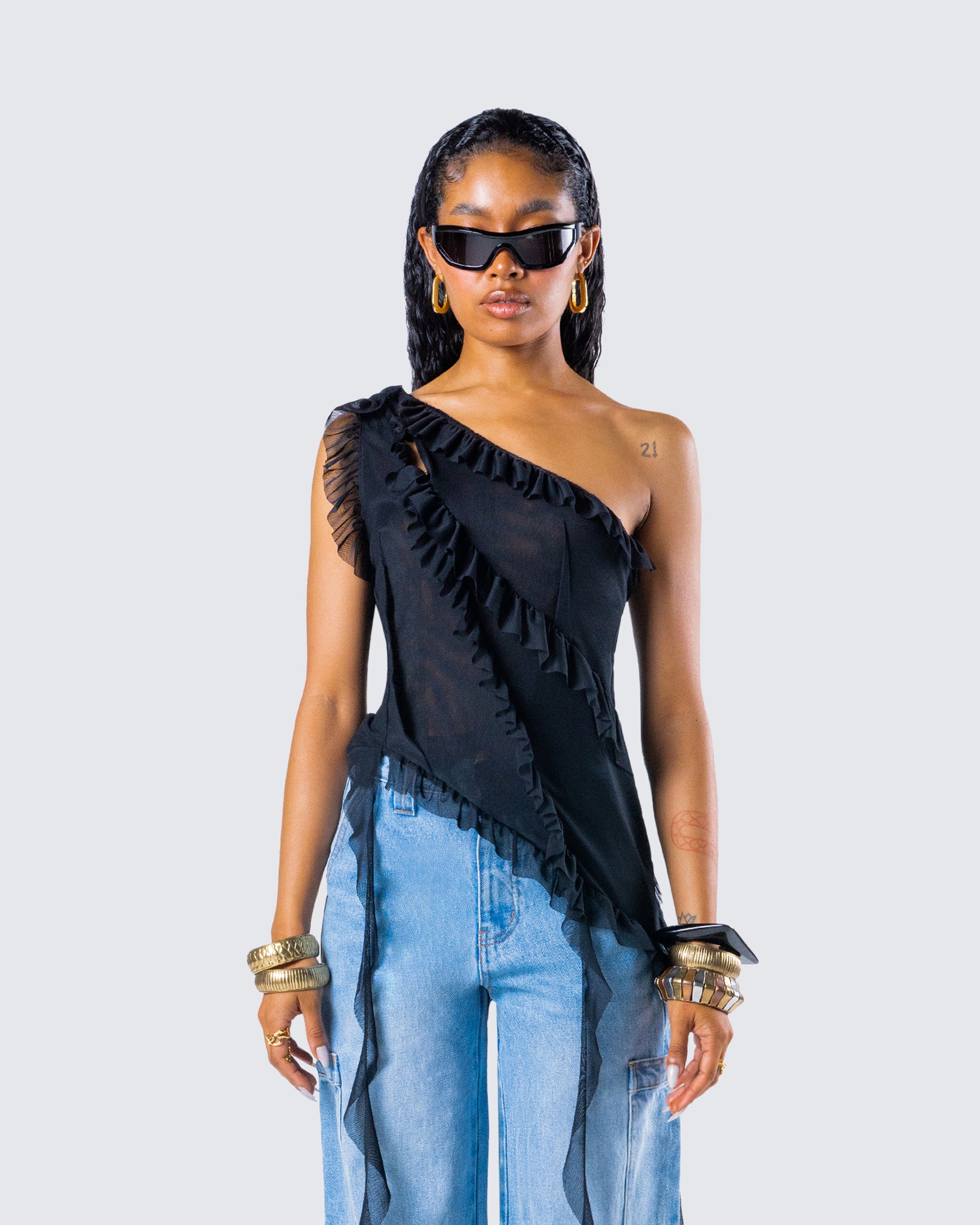 Ekaterina Black Mesh Ruffle Top model front