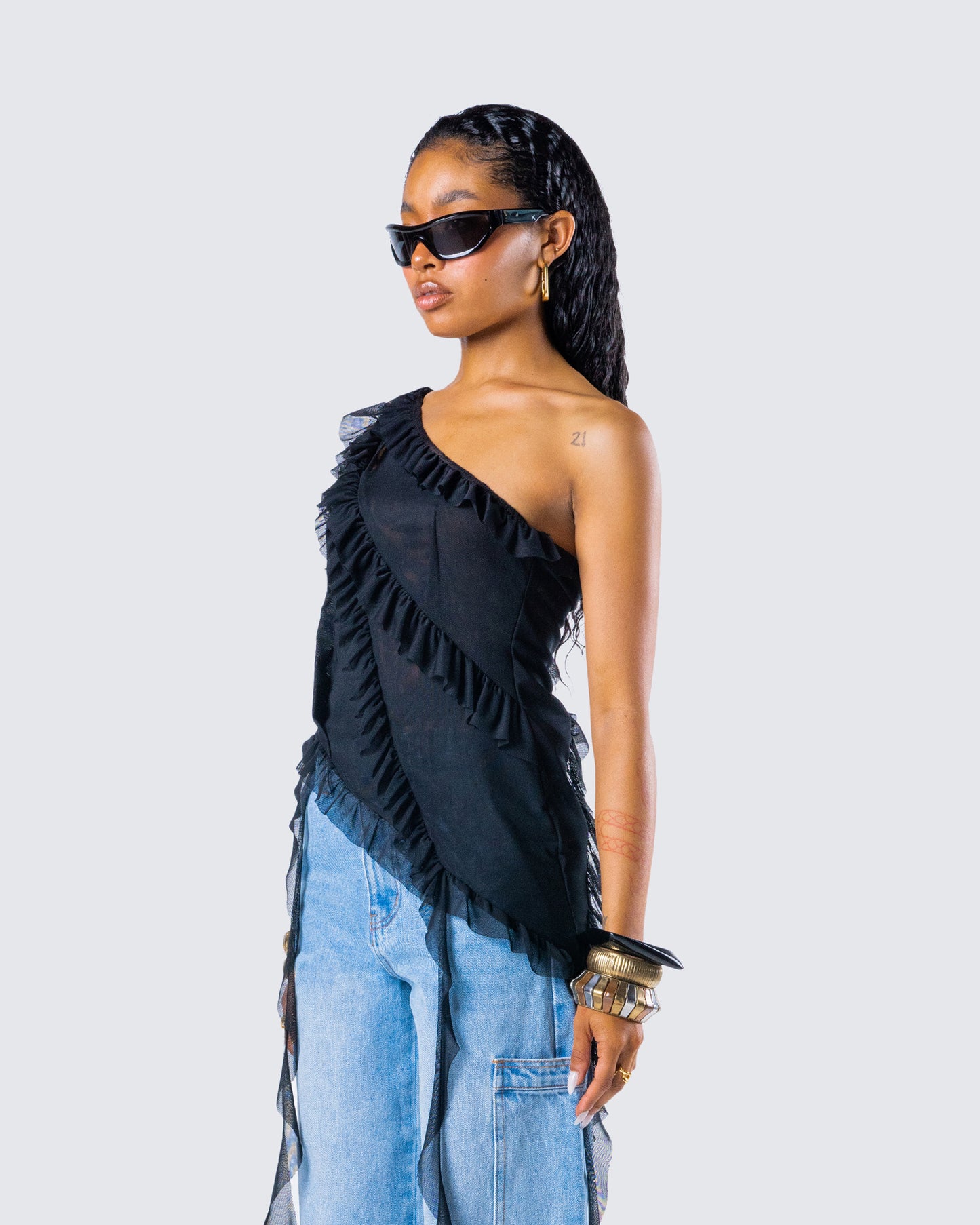 Ekaterina Black Mesh Ruffle Top
