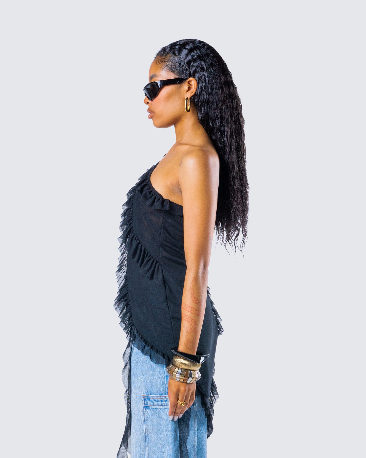 Ekaterina Black Mesh Ruffle Top
