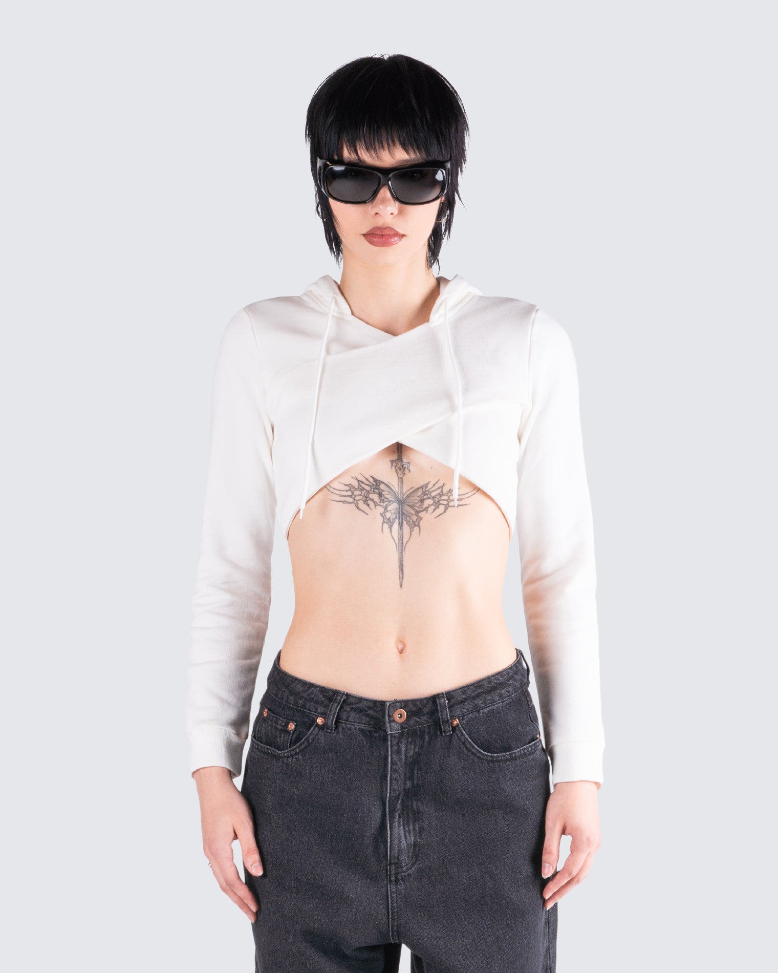 Eleni White Knit Hood Crop Top model front