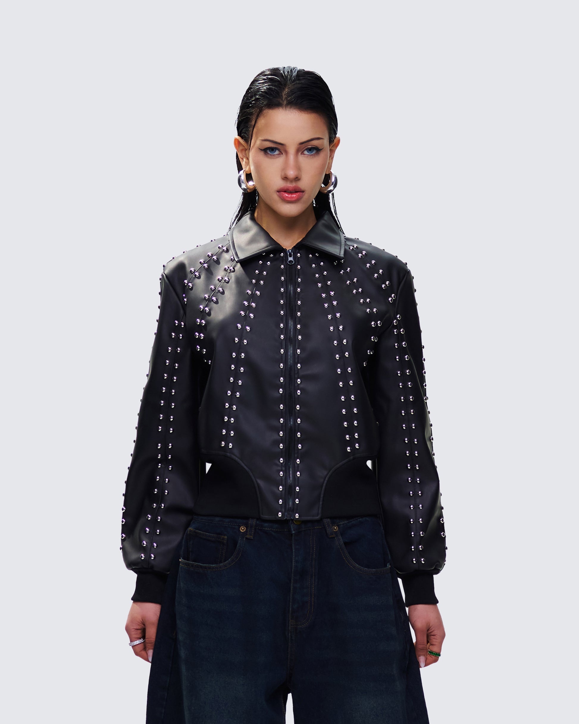 Eleri Black Vegan Leather Studded Jacket model front