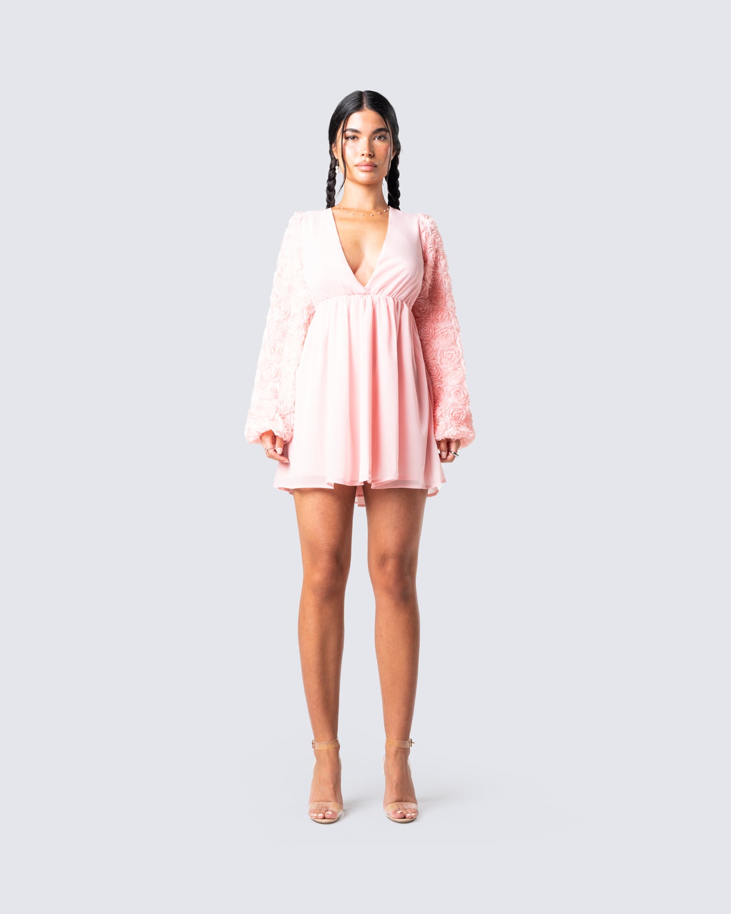 Elvia Pink Pleated Flower Dress model front