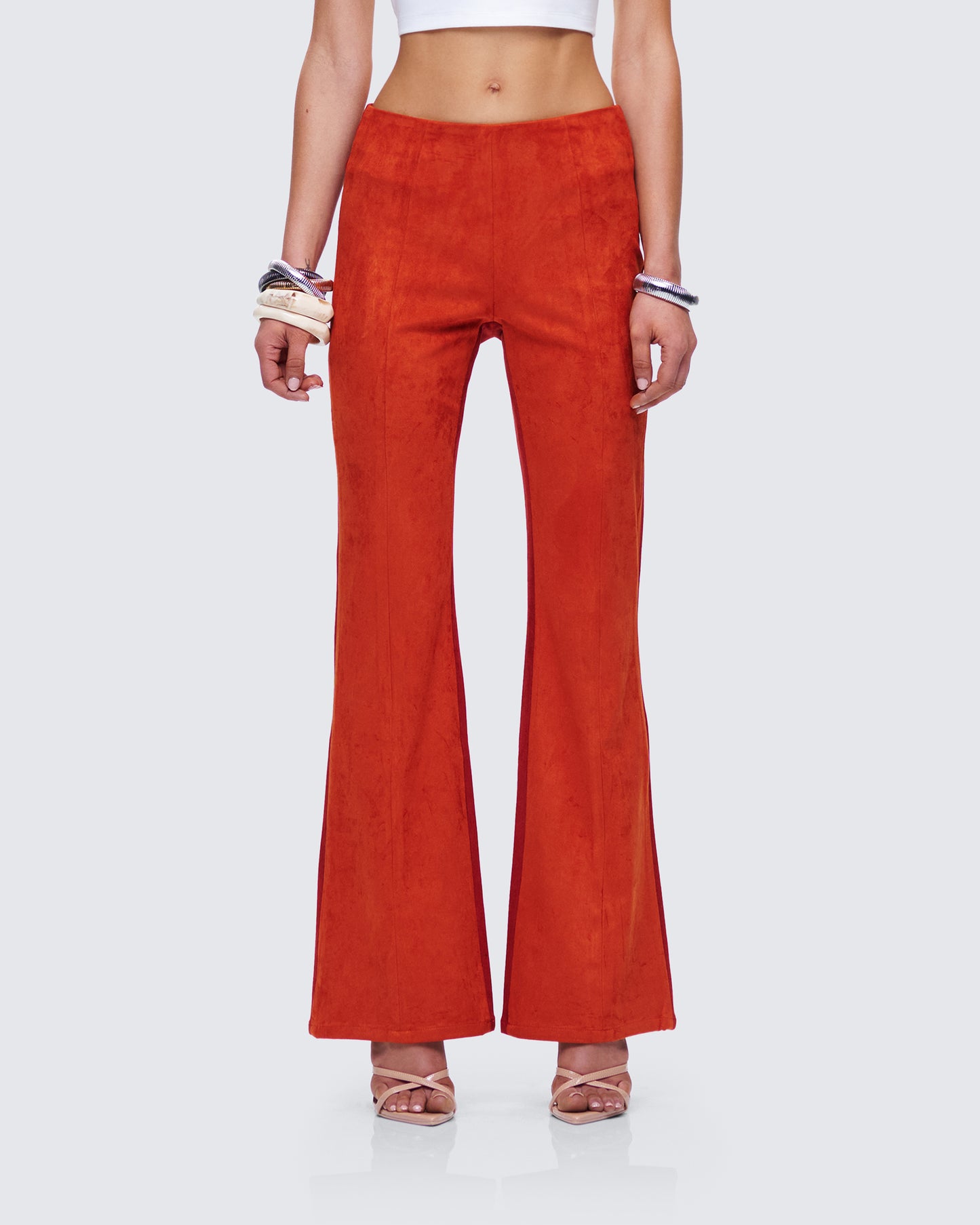 Emi Two Tone Orange Faux Suede Pant model front