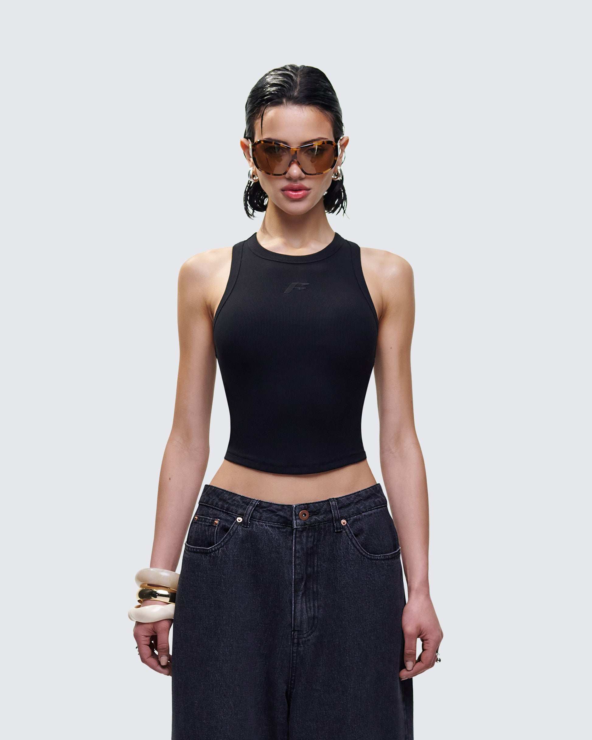 Enid Black Scoop Hem Tank Top model front