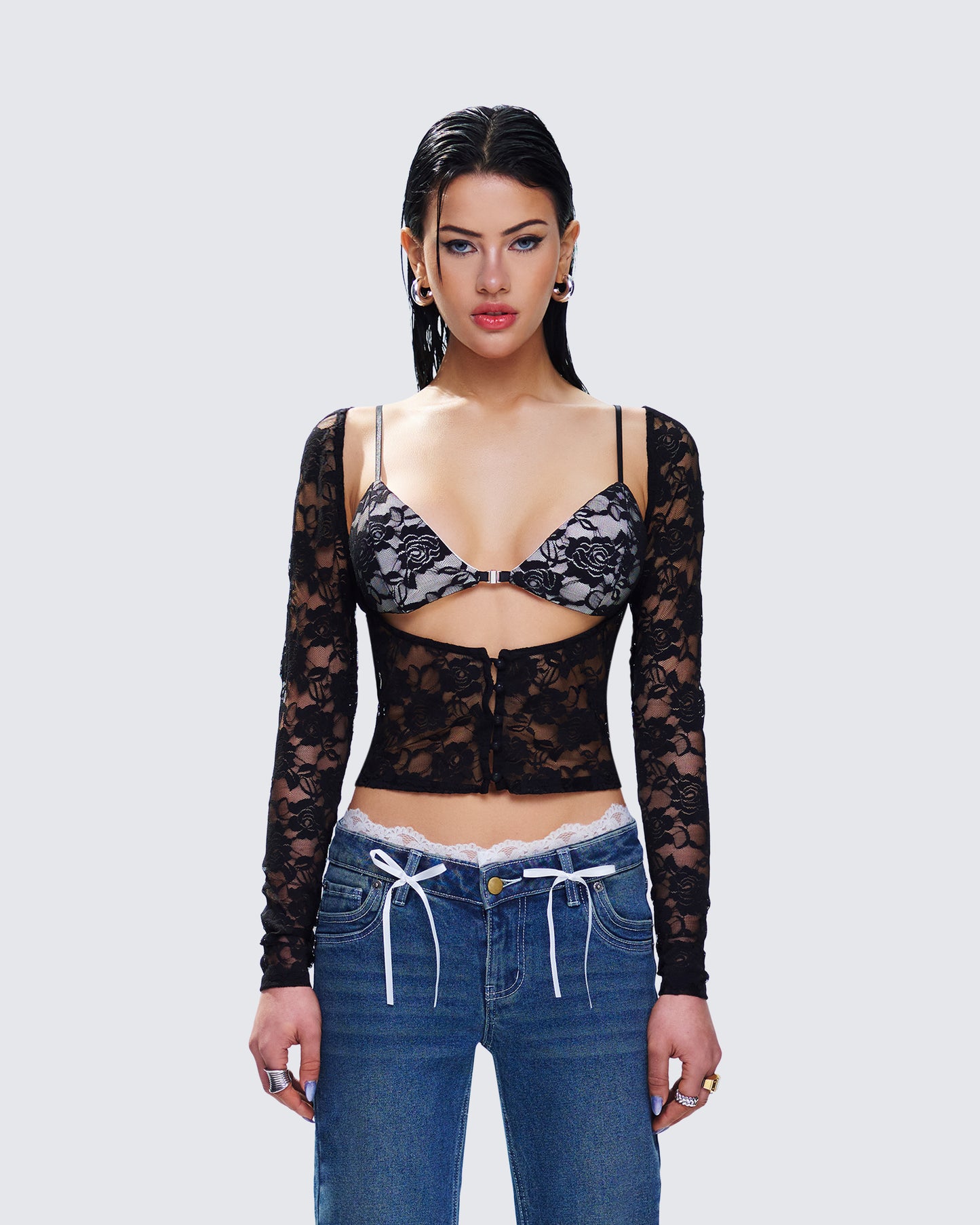 Esmarie Black Lace Sheer Long Sleeve Top model front