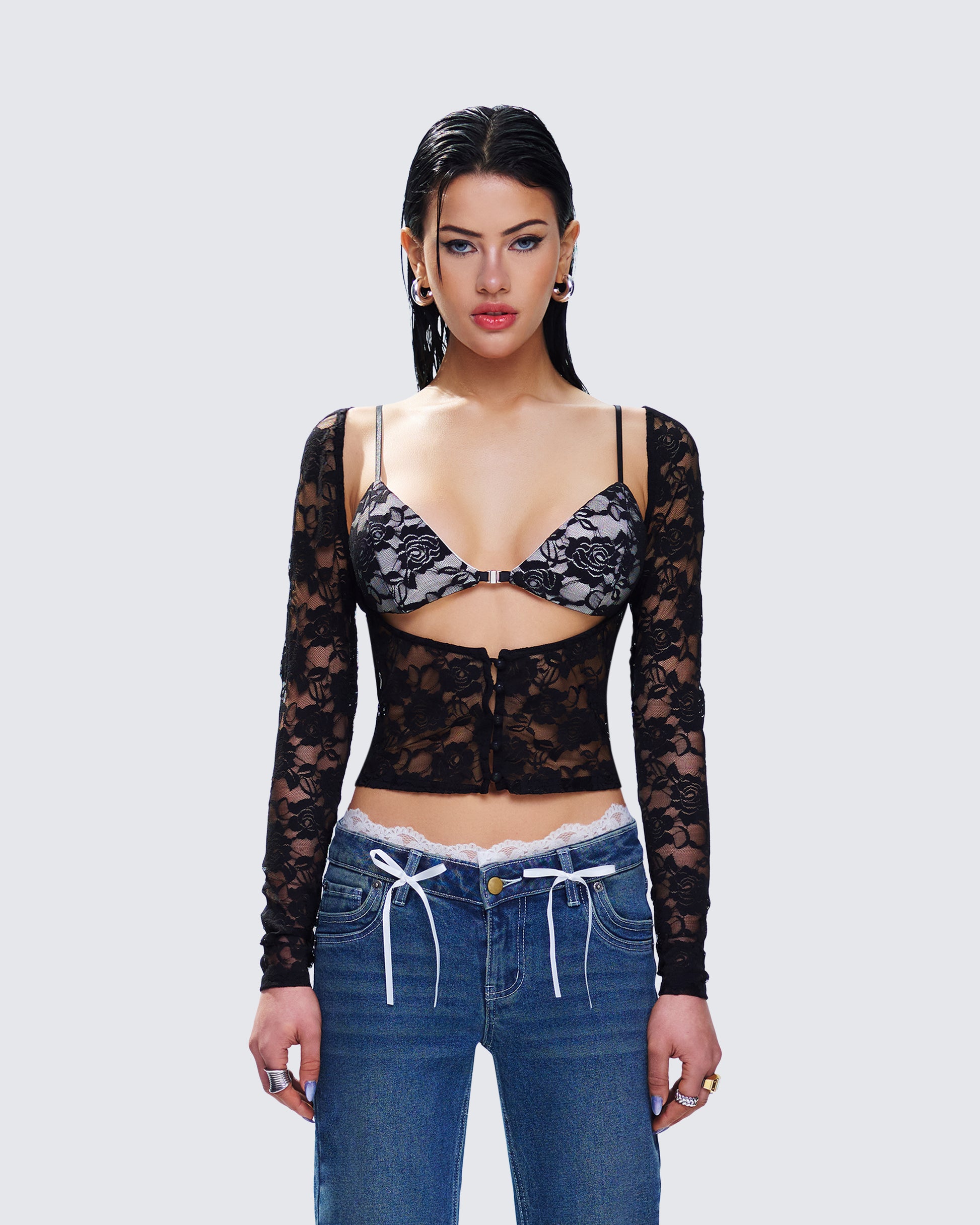 Esmarie Black Lace Sheer Long Sleeve Top model front