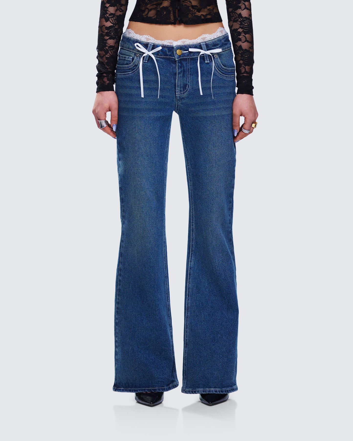 Maeva Blue Denim Lace Trim Jean model front
