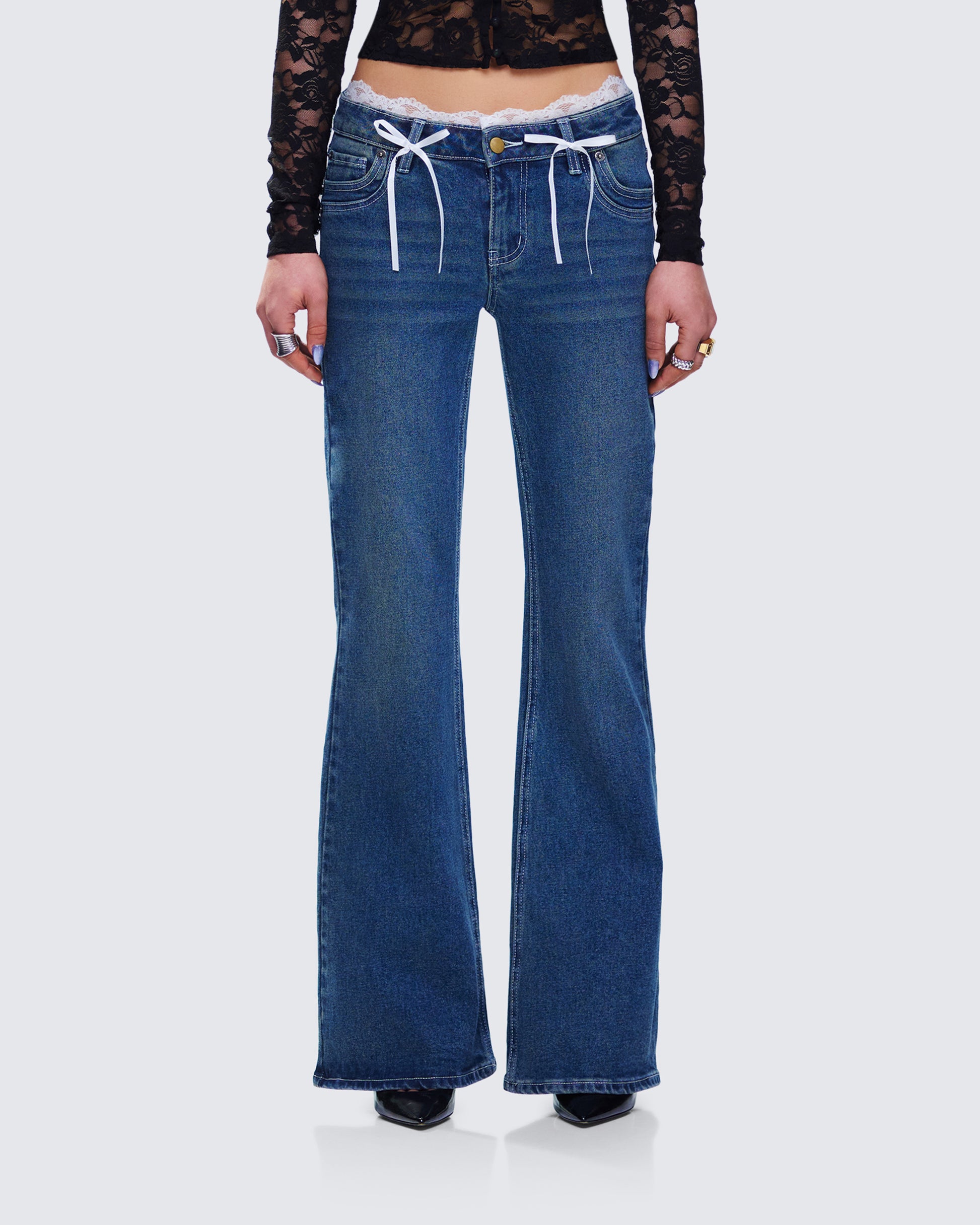 Maeva Blue Denim Lace Trim Jean model front
