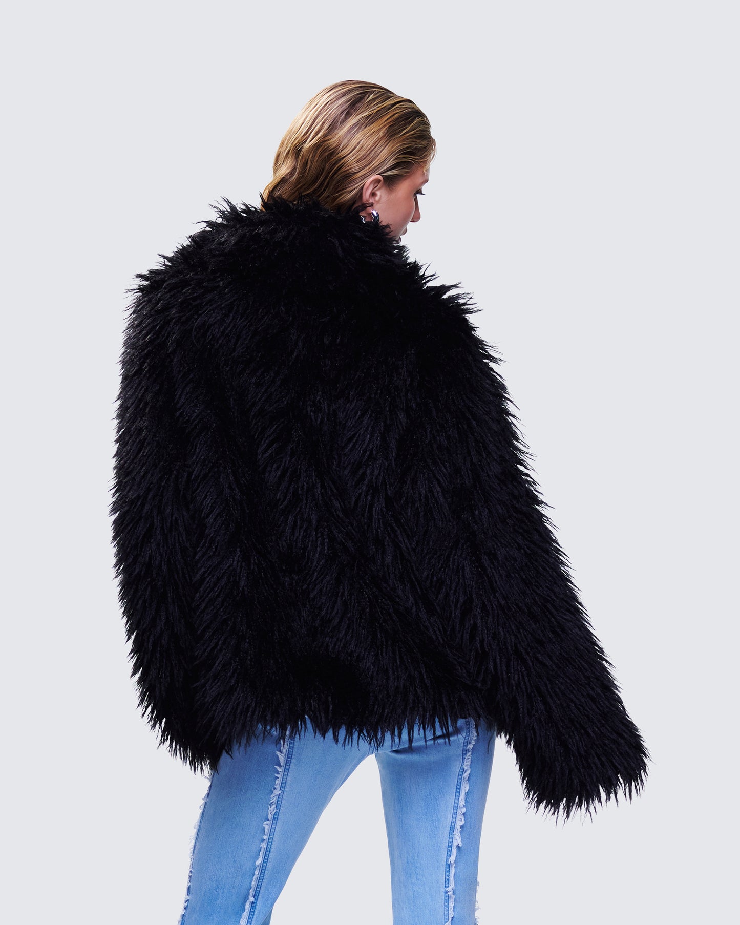 Fae Black Boxy Faux Fur Coat