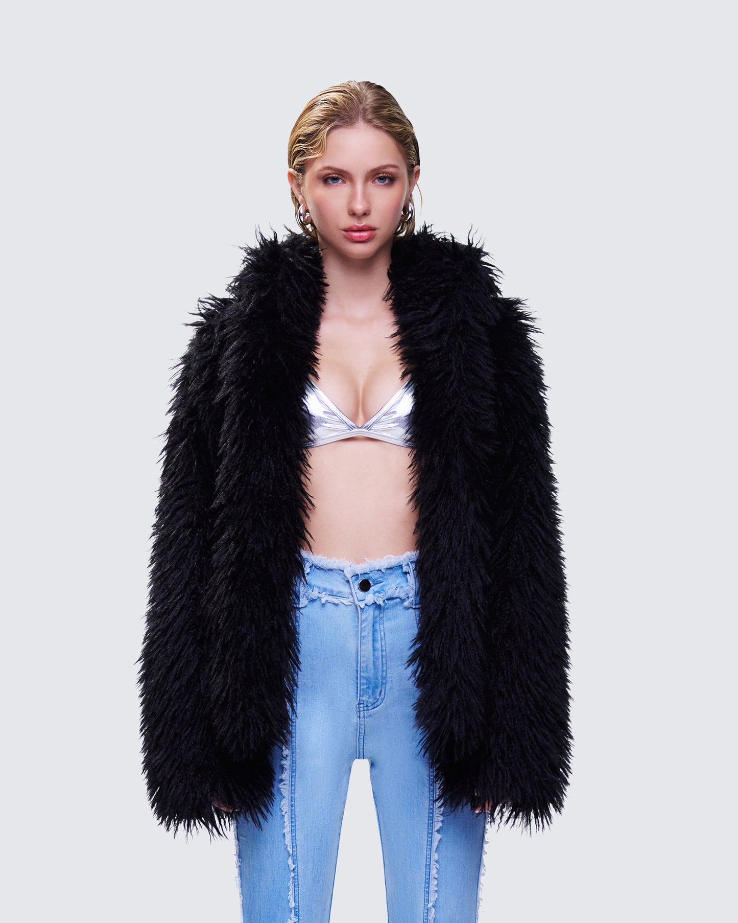 Fae Black Boxy Faux Fur Coat model front