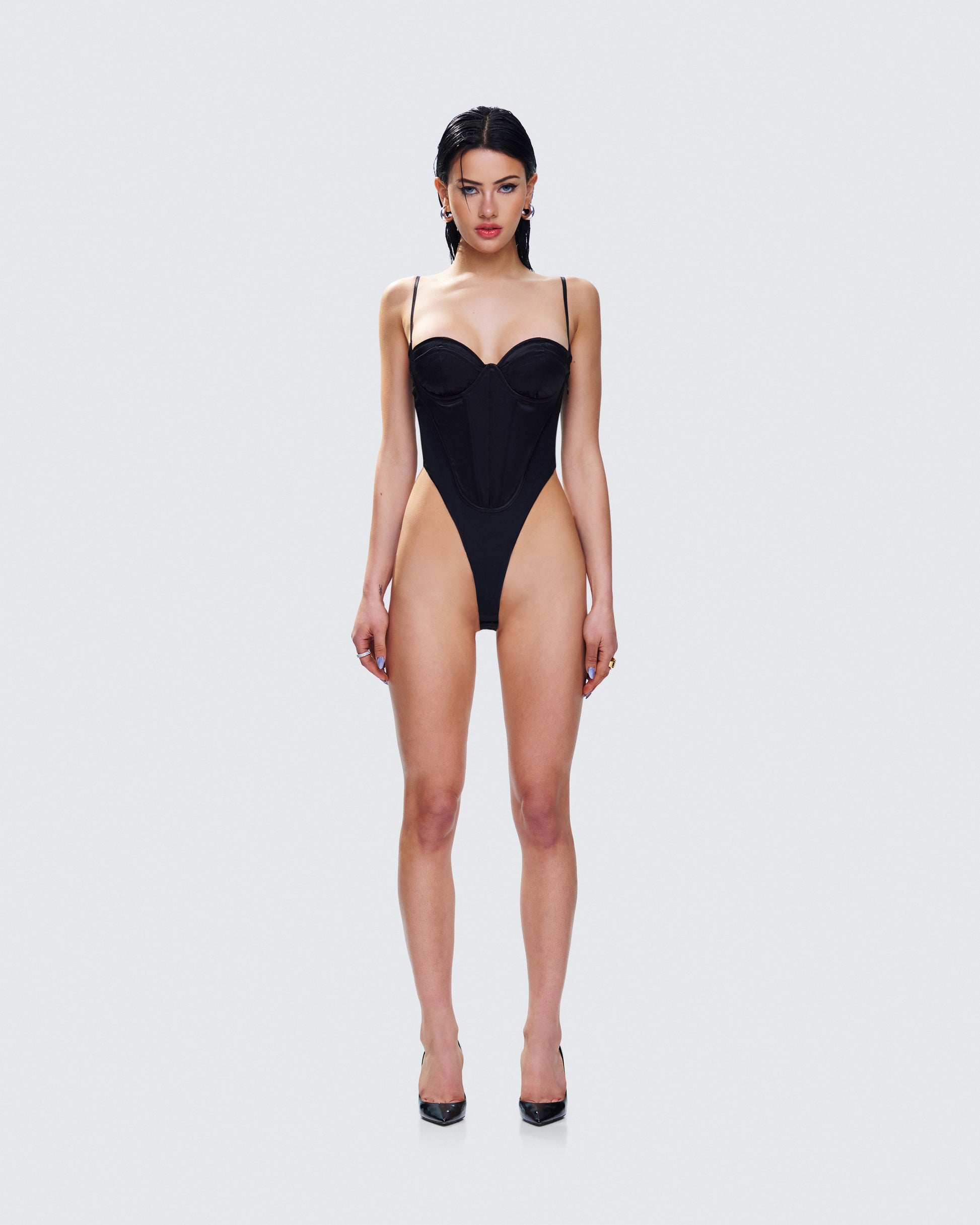 Fara Black Satin Corseted Bodysuit model front