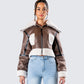 Farah Brown Vegan Leather Bomber model front