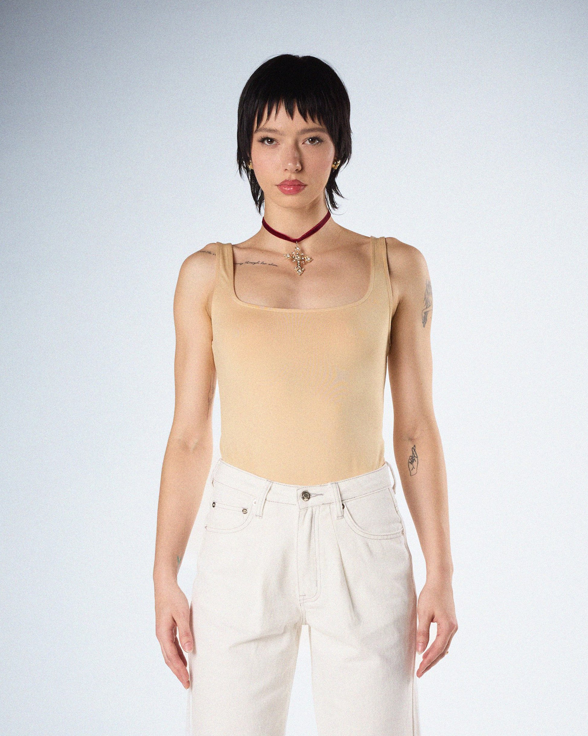Fatima Beige Tank Bodysuit model front