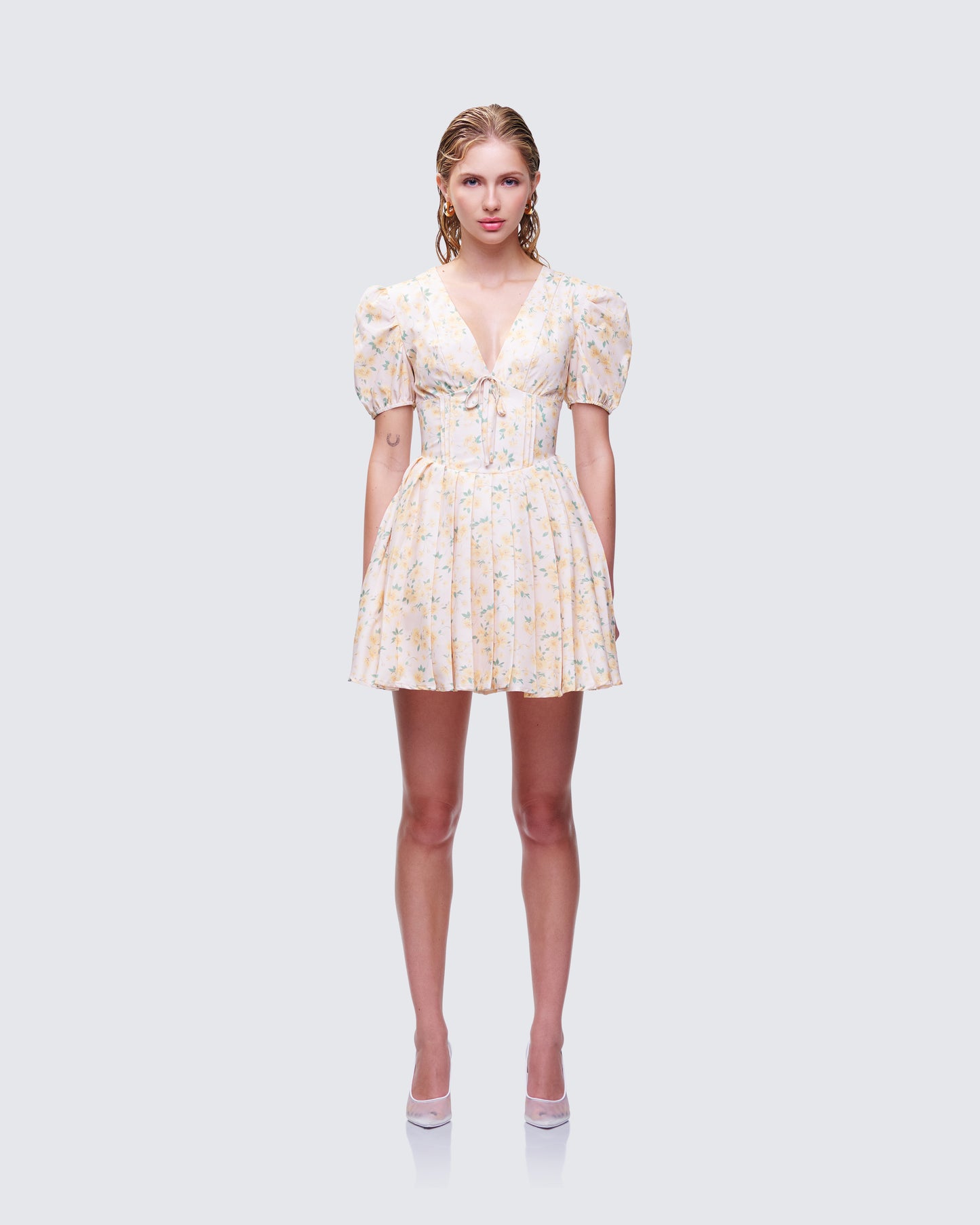 Nyla Yellow Floral Pleated Mini Dress model front