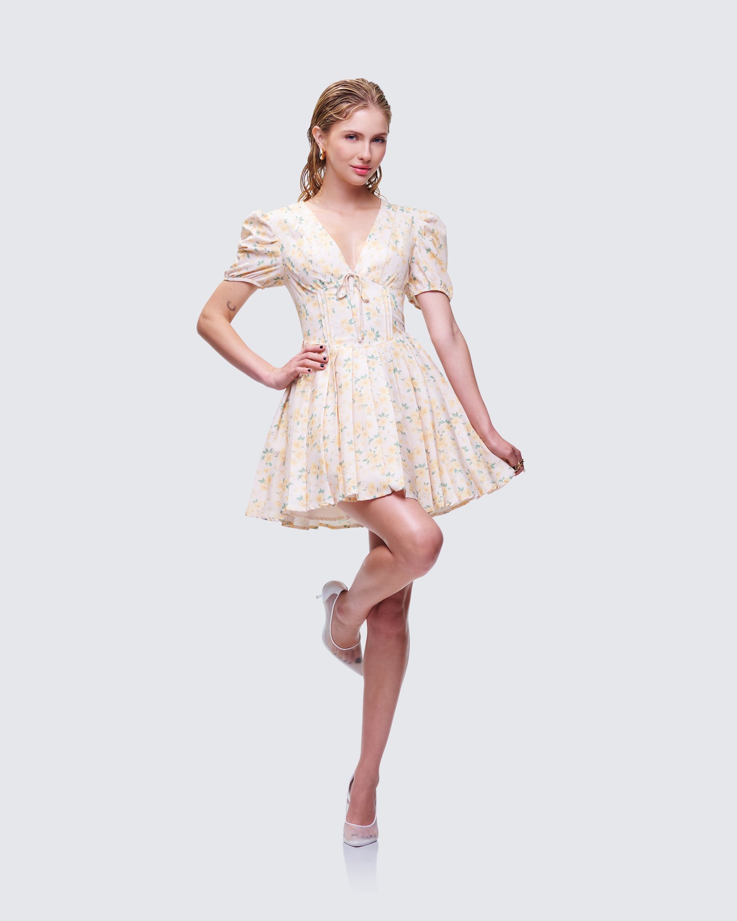 Nyla Yellow Floral Pleated Mini Dress