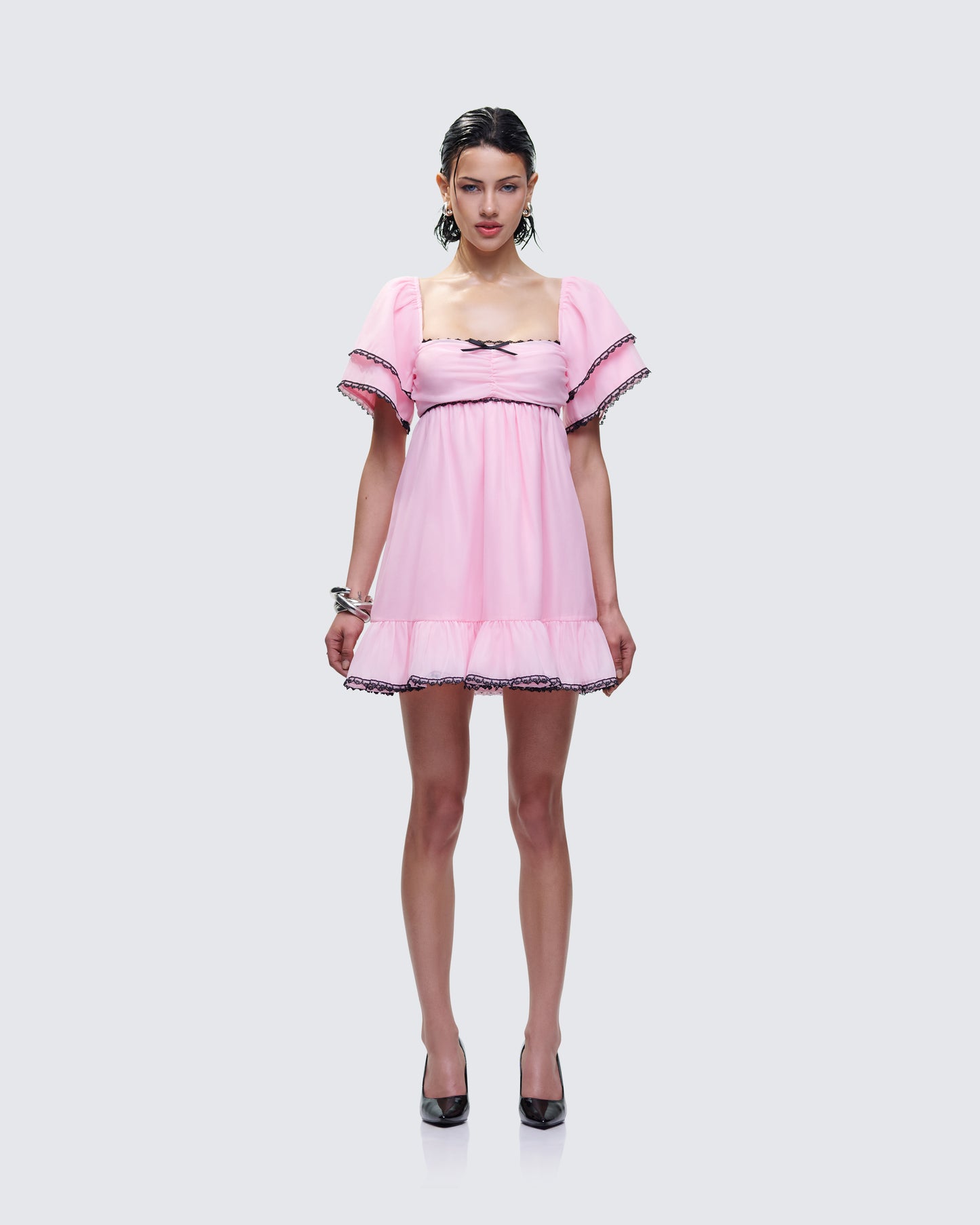 Cerys Pink Organza Mini Dress model front