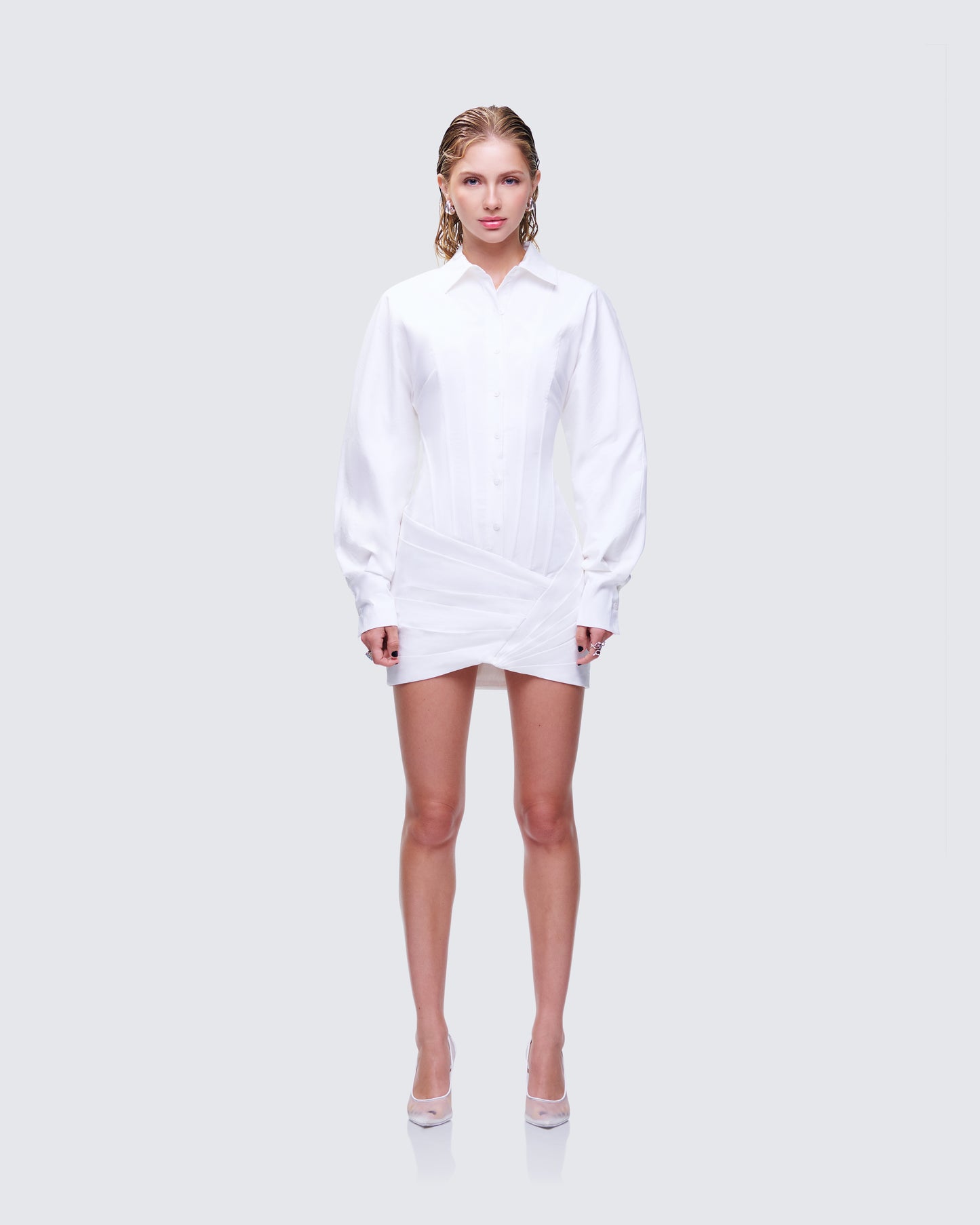 Regan White Cinched Tucked Mini Dress model front