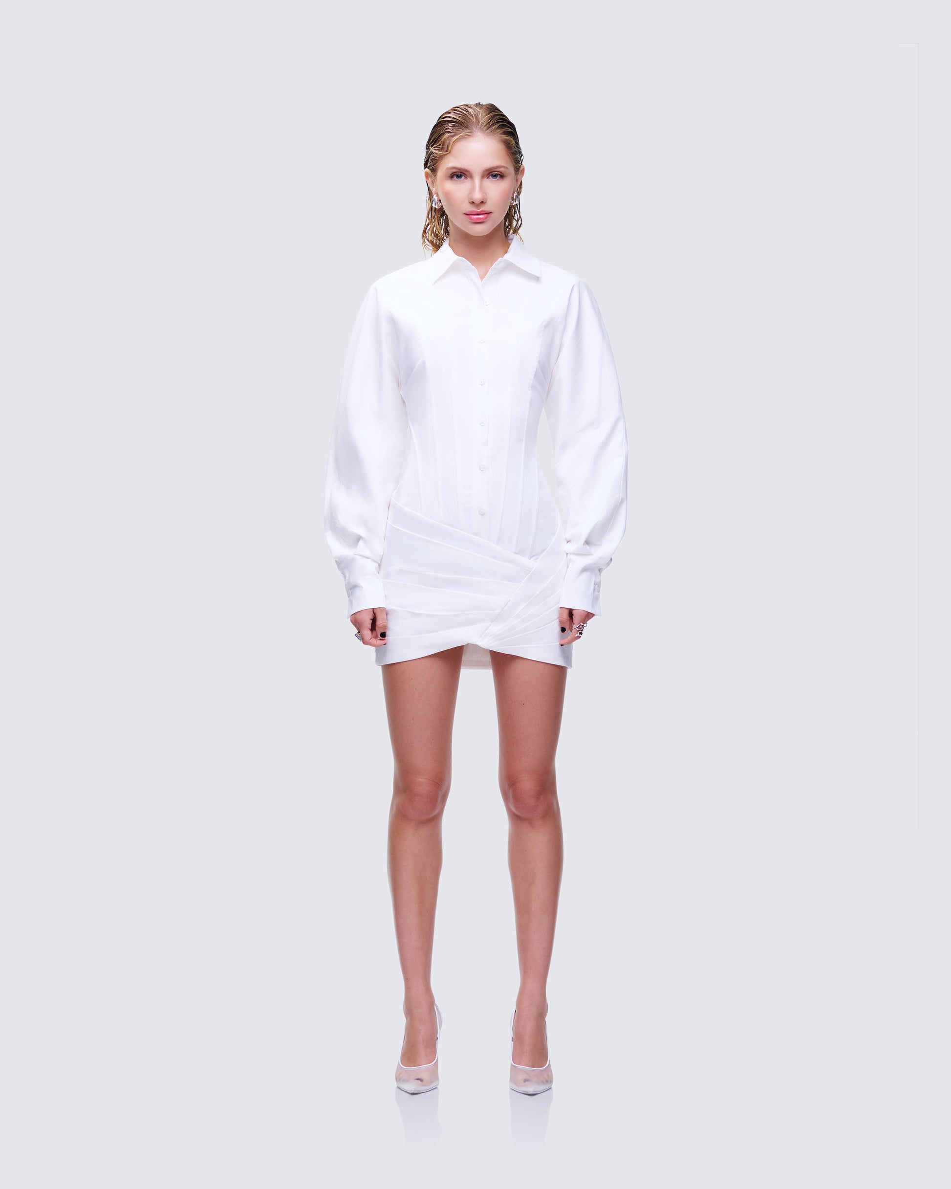 Regan White Cinched Tucked Mini Dress model front