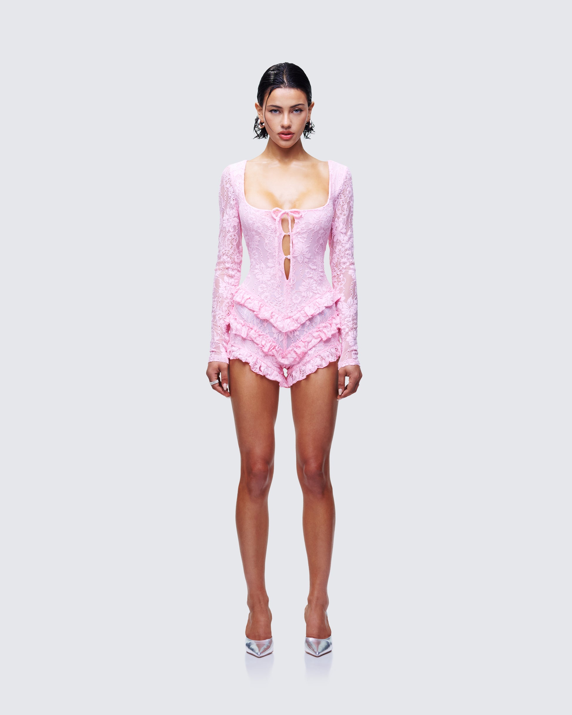 Oceane Pink Ruffle Edge Romper model front