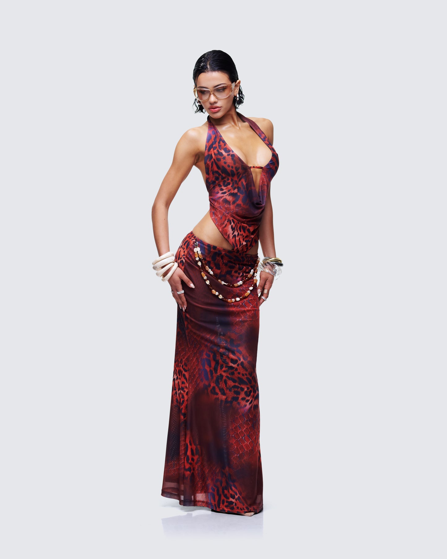 Neeve Red Mesh Bead Trim Maxi Dress