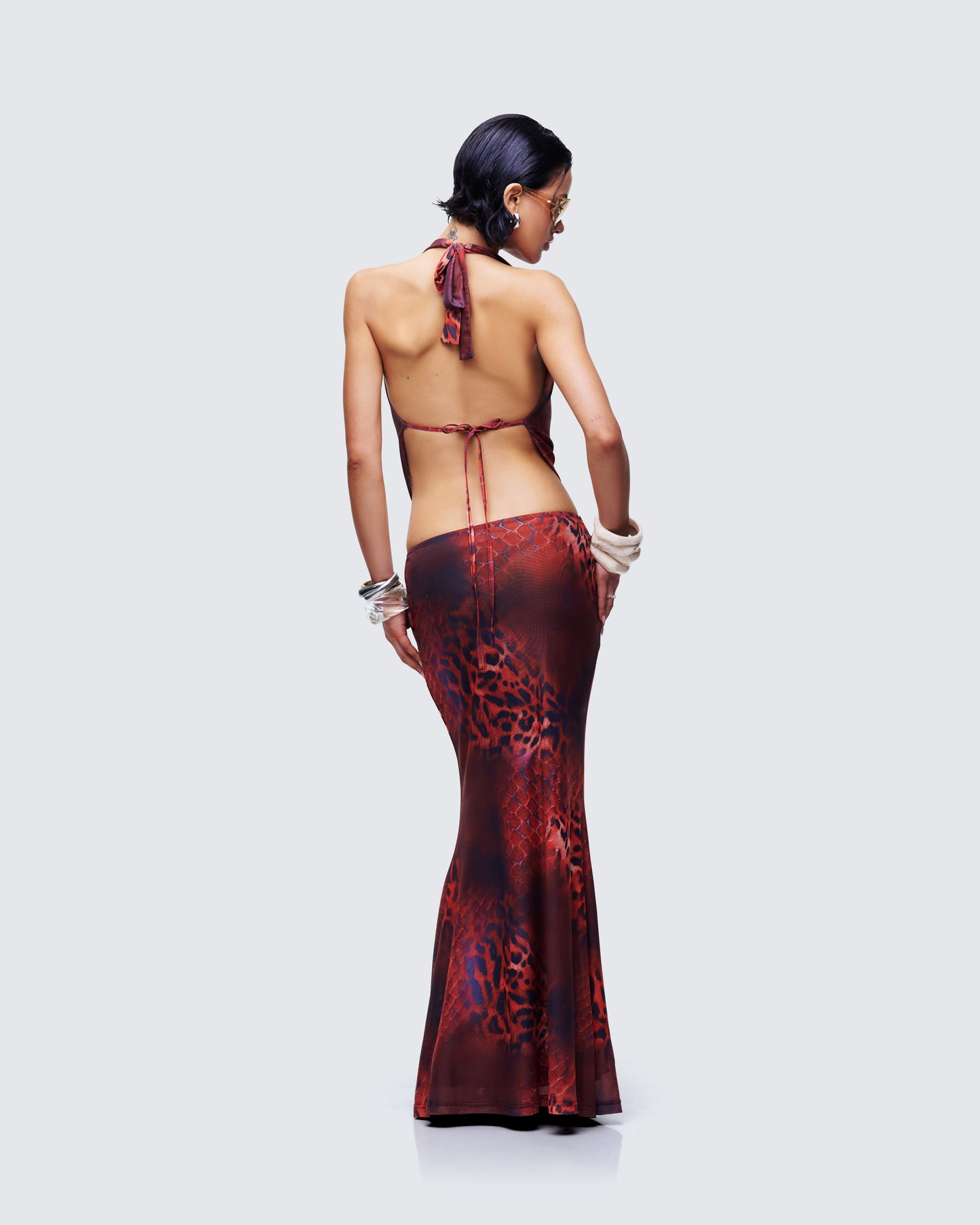 Neeve Red Mesh Bead Trim Maxi Dress