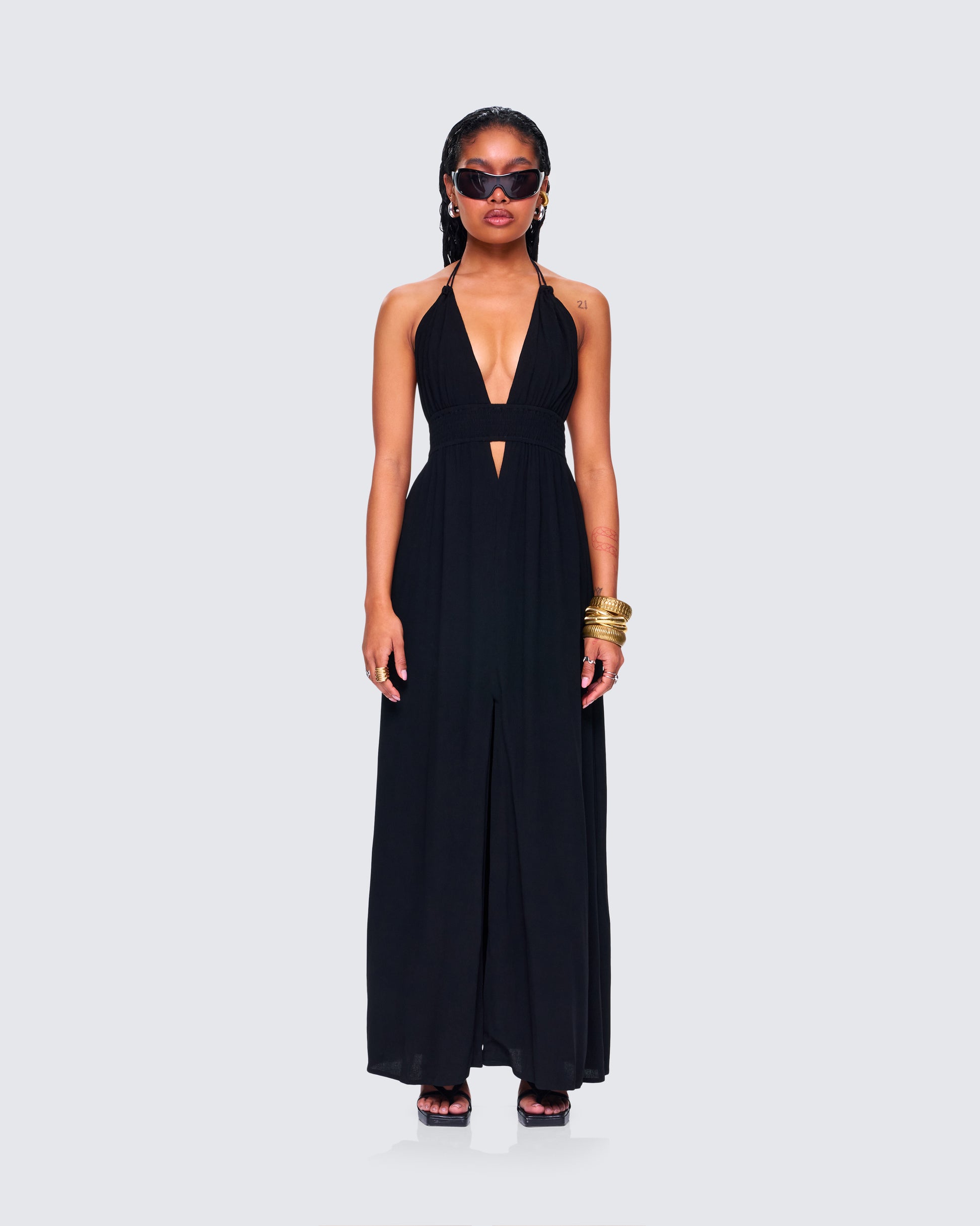 Leida Black Halter Maxi Dress model front