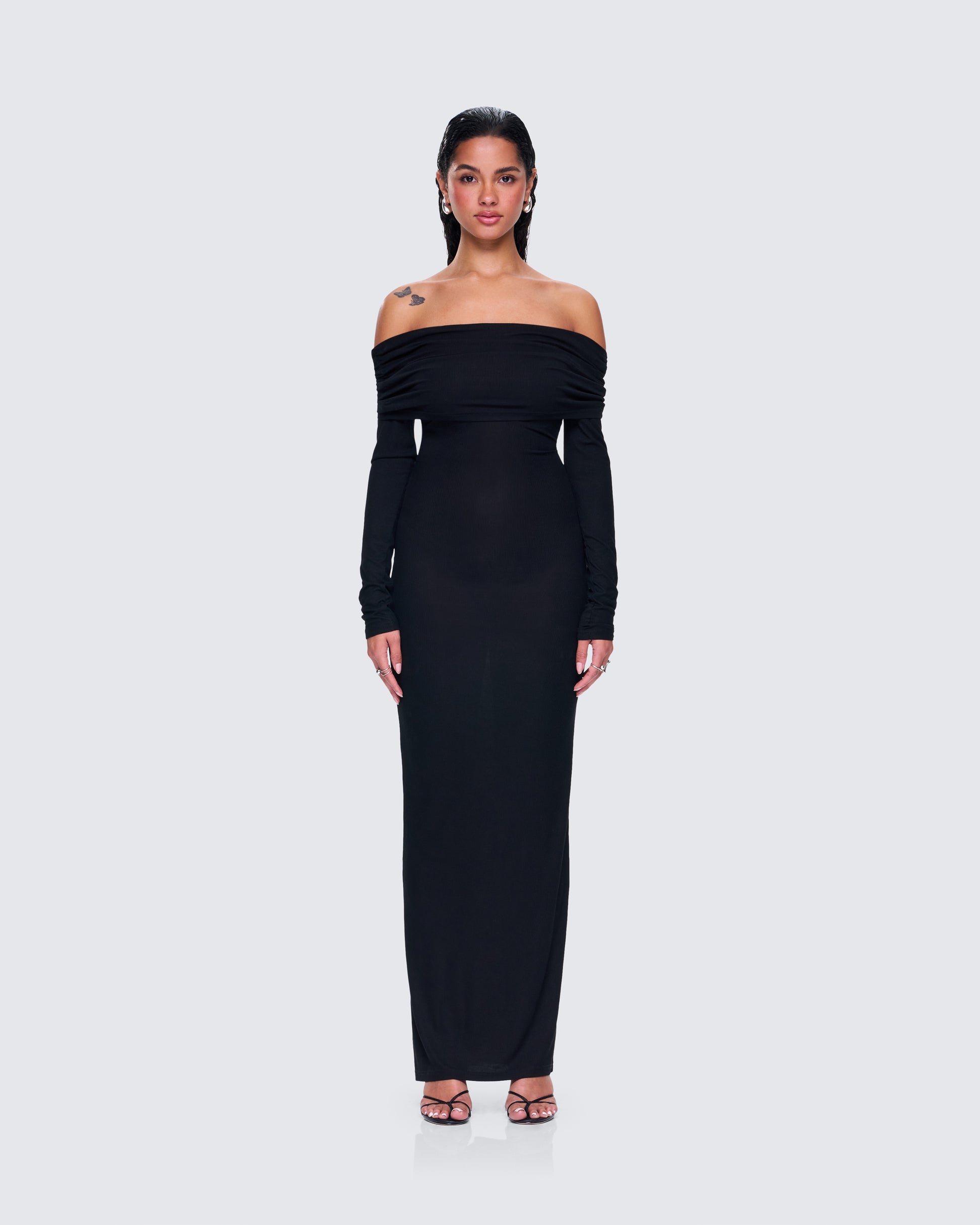 Kyan Black Off Shoulder Maxi Dress model front
