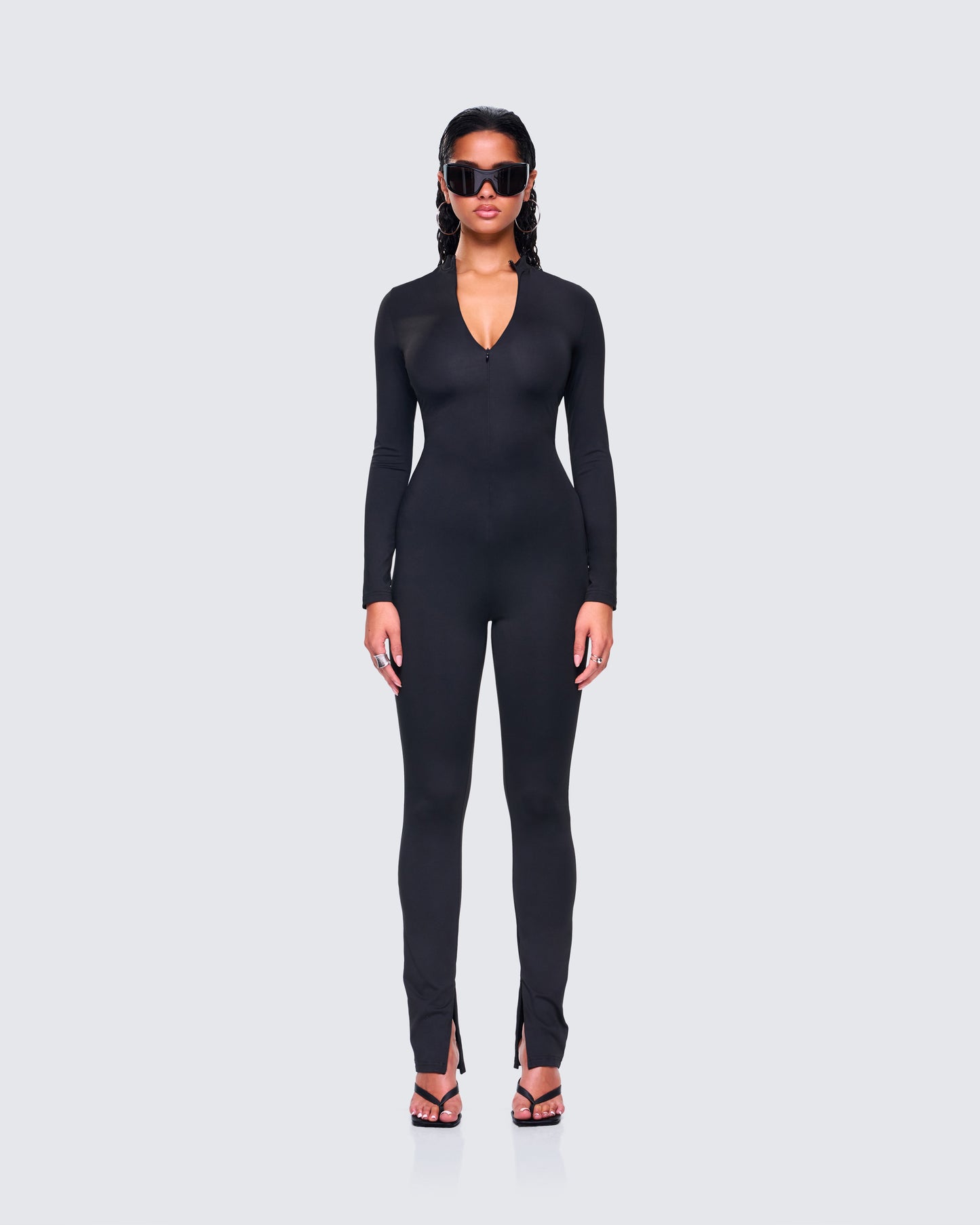 Brianna Black Zip Up Jumpsuit model front