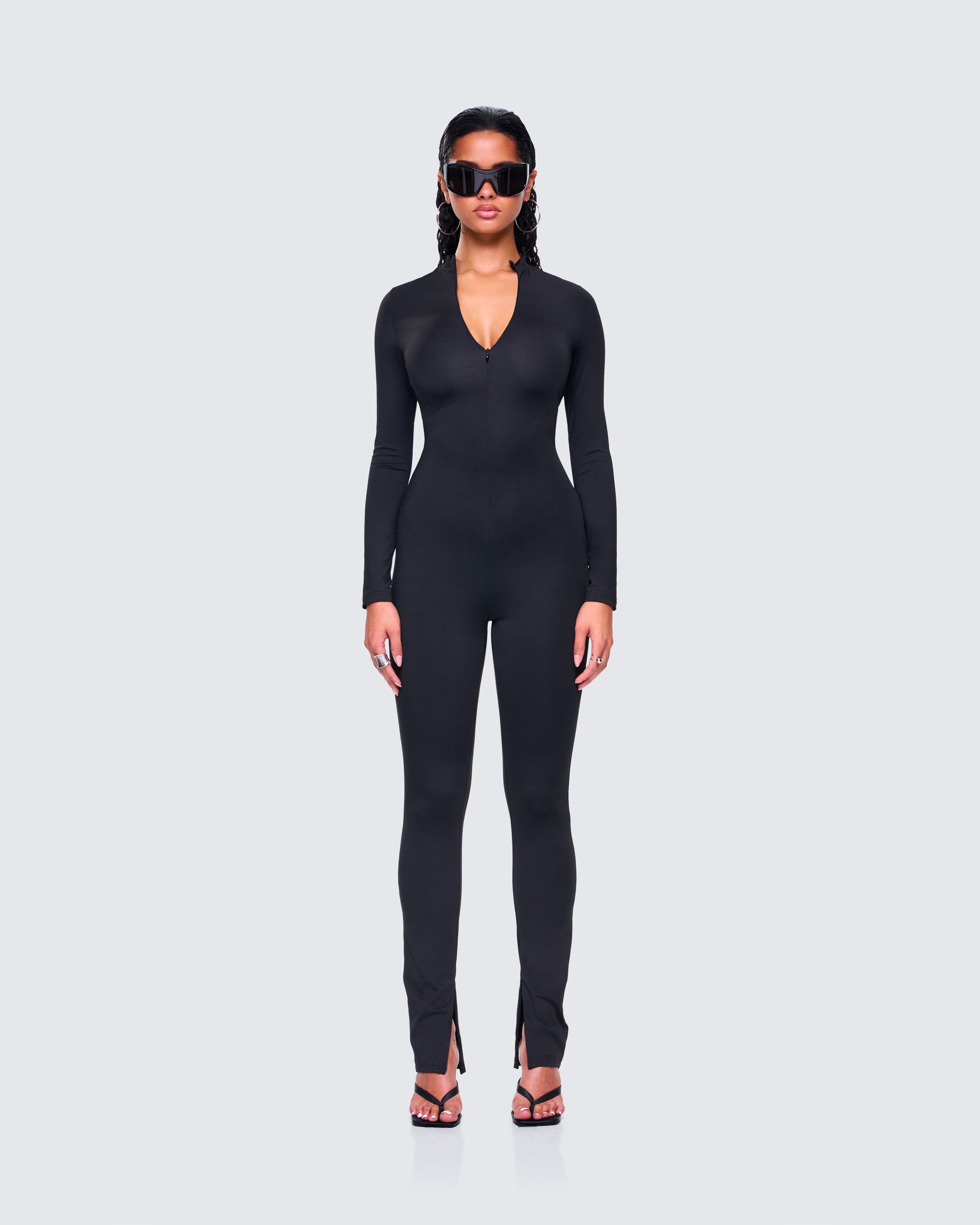Brianna Black Zip Up Jumpsuit model front