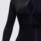 Eithne Black Rib Eyelet Front Mini Dress