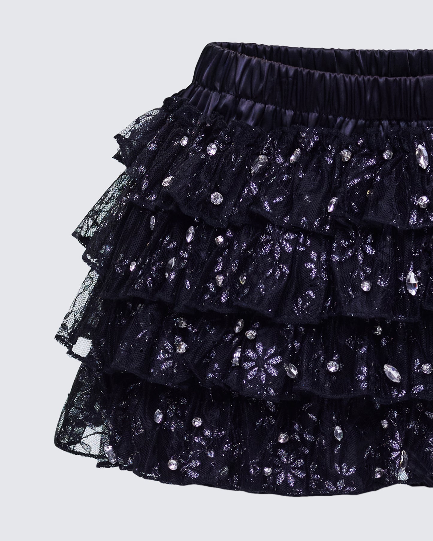 Love Hand Beaded Rhinestone Black Ruffle Short