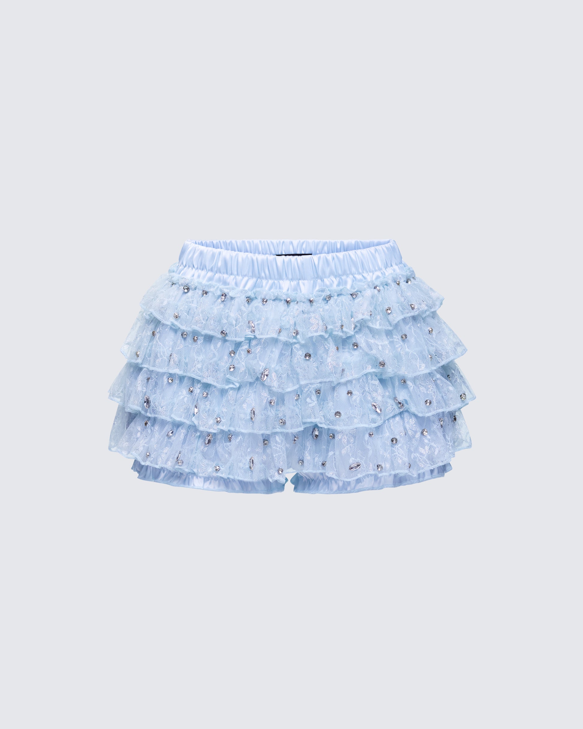 Love Hand Beaded Rhinestone Baby Blue Ruffle Short