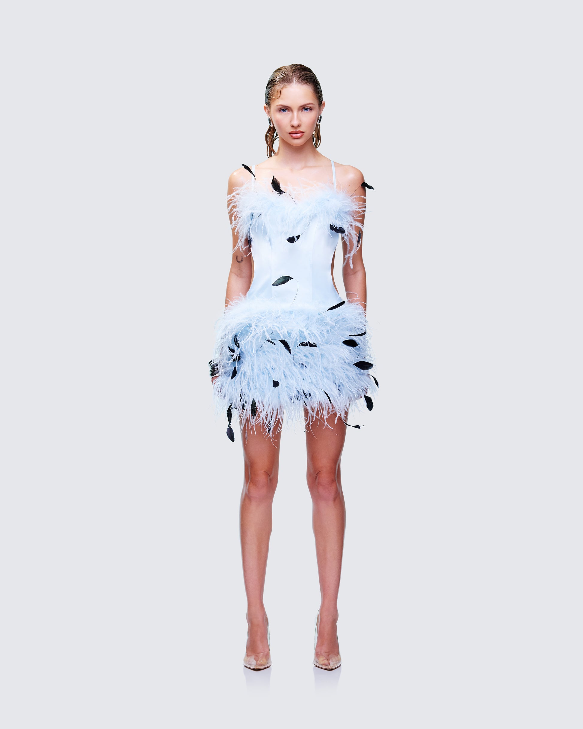 Meadow Blue Feather Backless Mini Dress model front