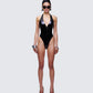 Betsy Black Vegan Leather Plunge Bodysuit model front