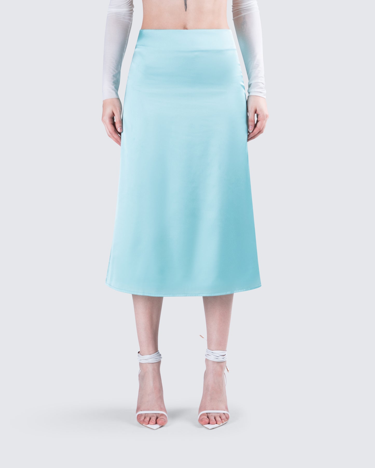 Florie Aqua Satin Midi Skirt