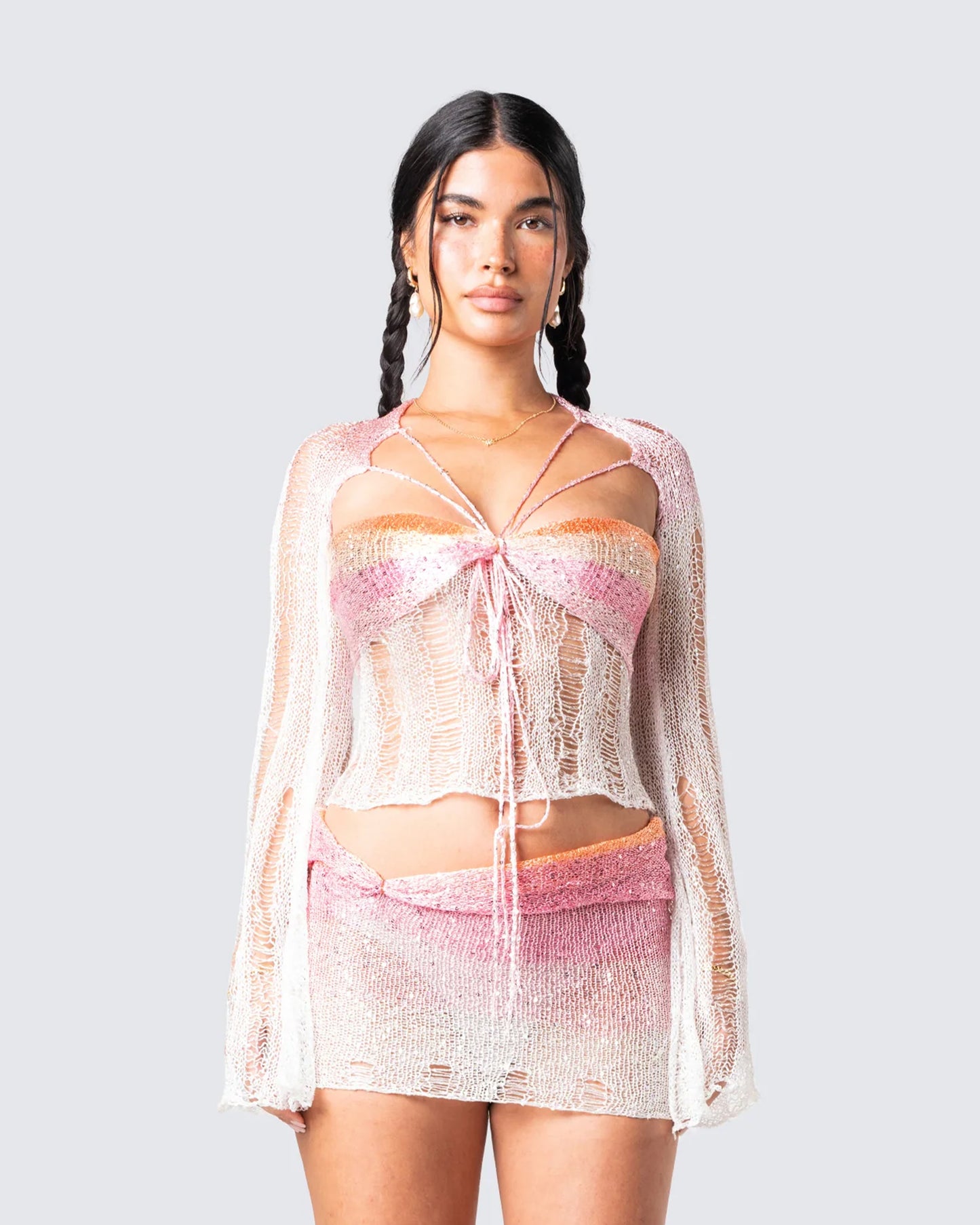 Vanessa Pink Sequin Knit Top model front