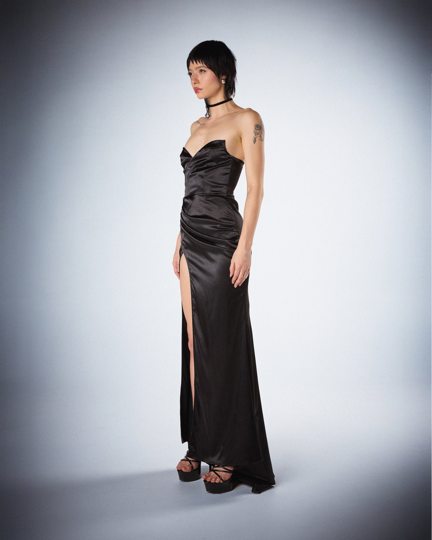 Suri Black Satin Strapless Gown