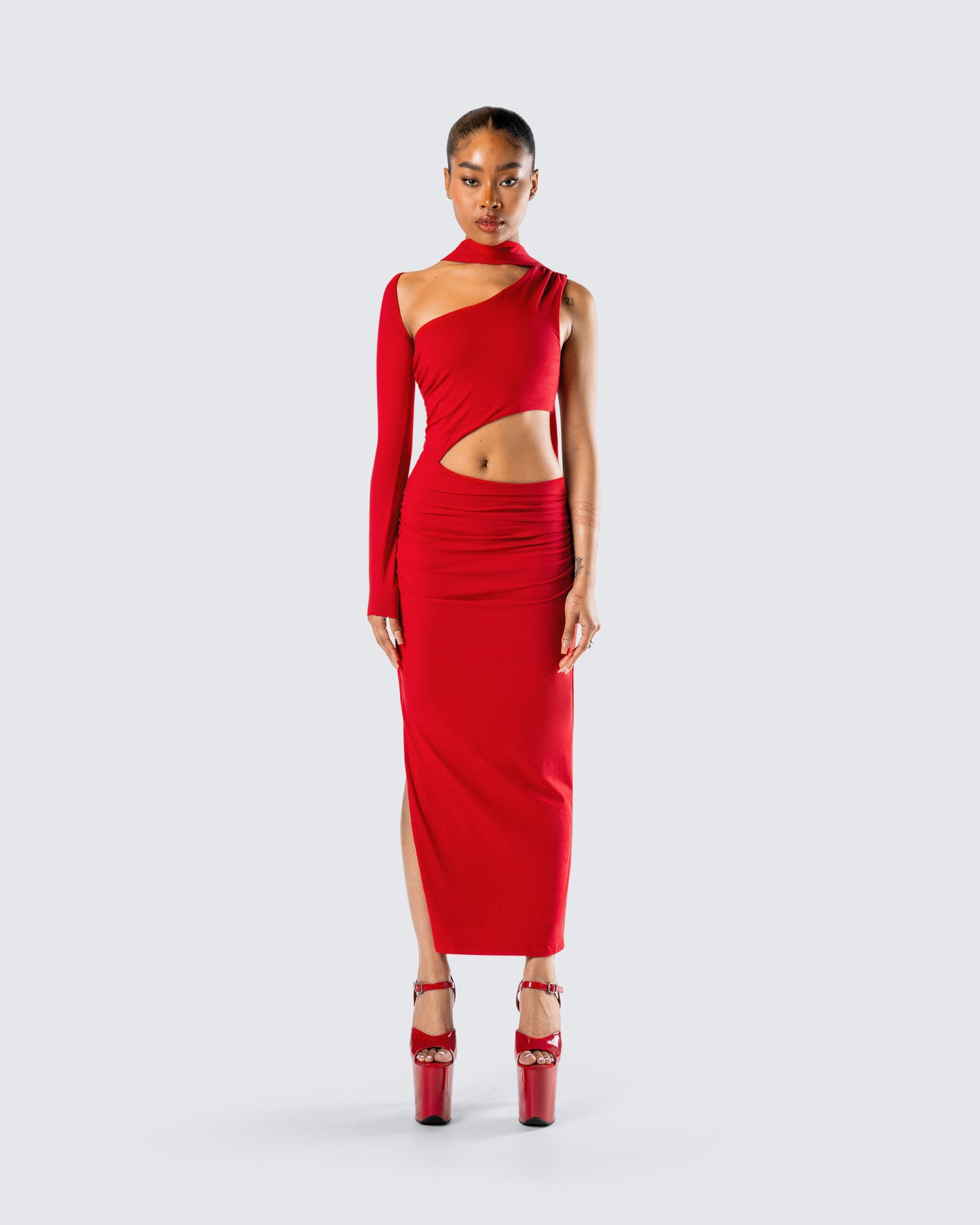 Gabrielle Red Jersey Midi Dress model front