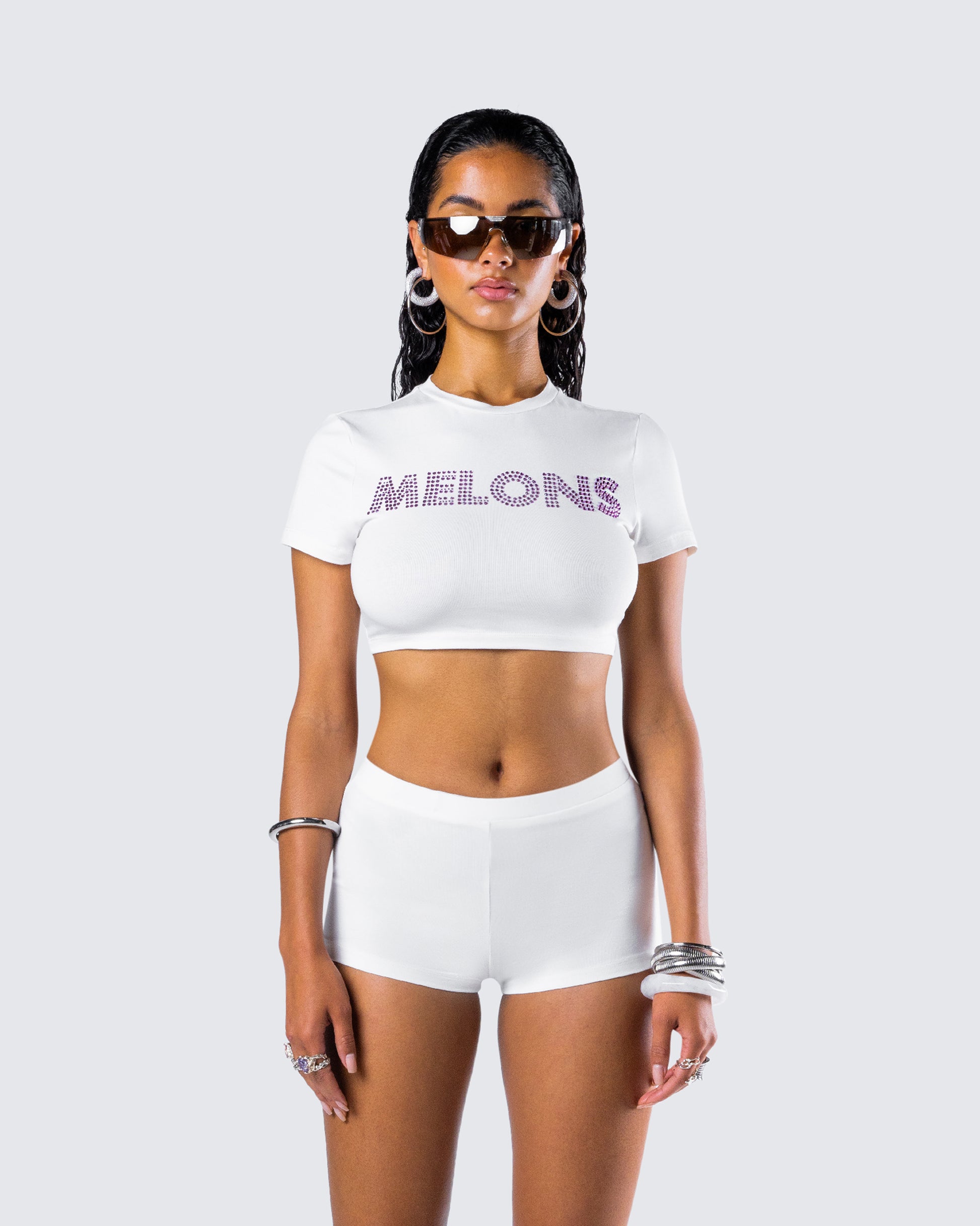 Gaia White Rhinestone Top model front