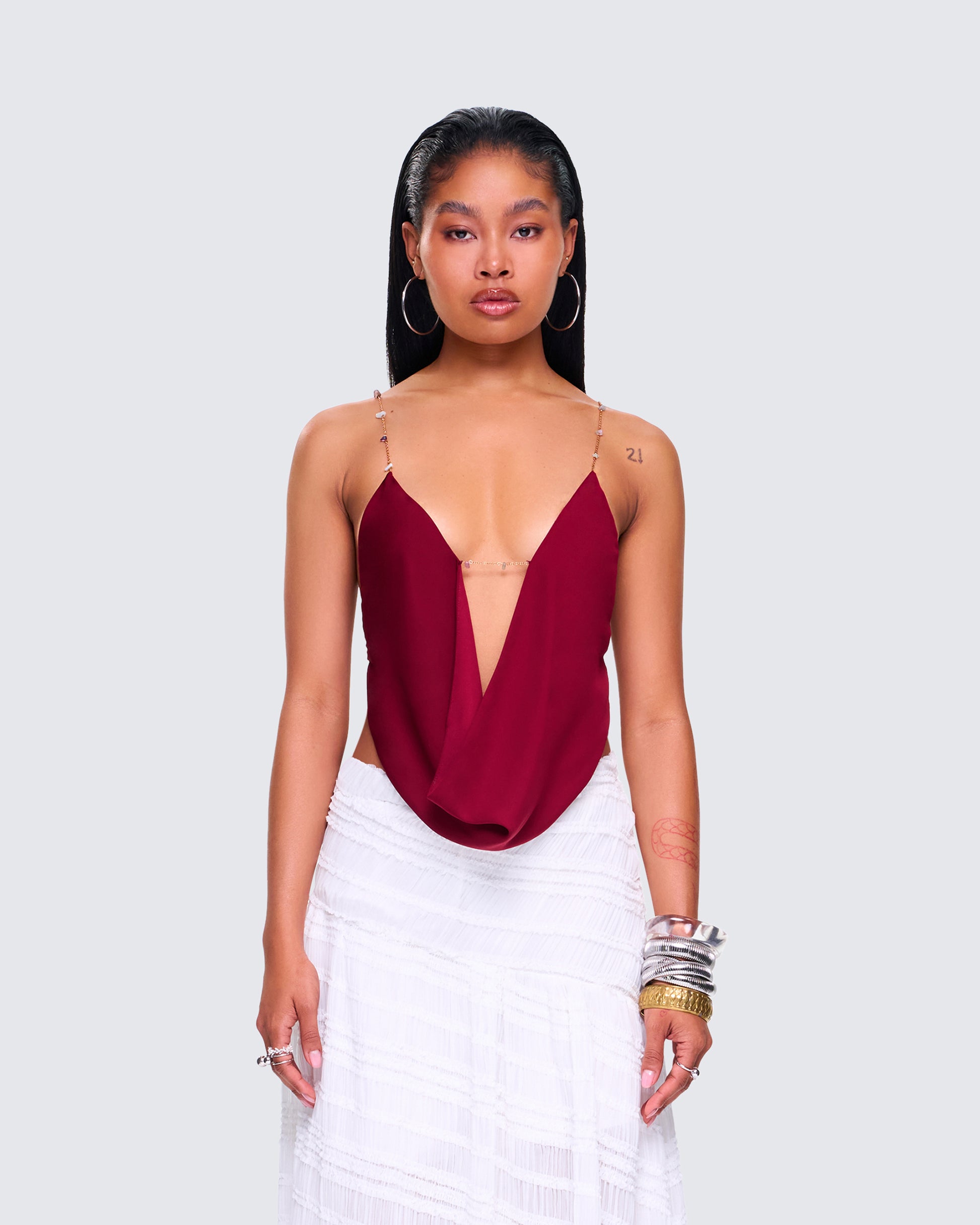 Ginger Burgundy Backless Cowl Top model front