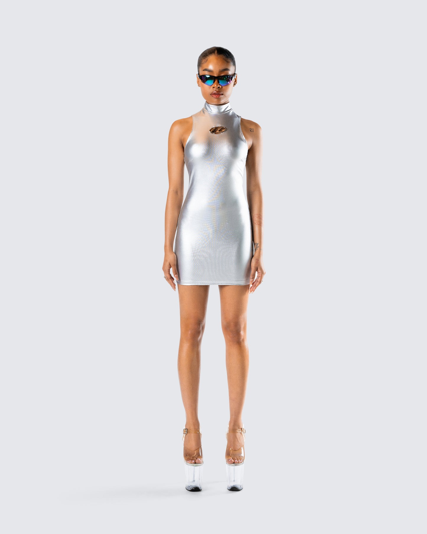 Gisele Silver Metallic Logo Dress model front