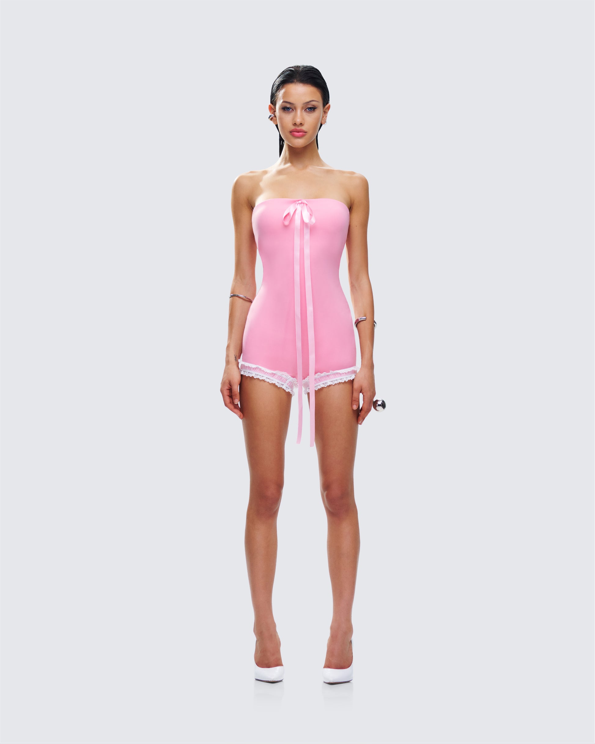 Gita Pink Bow Strapless Romper model front