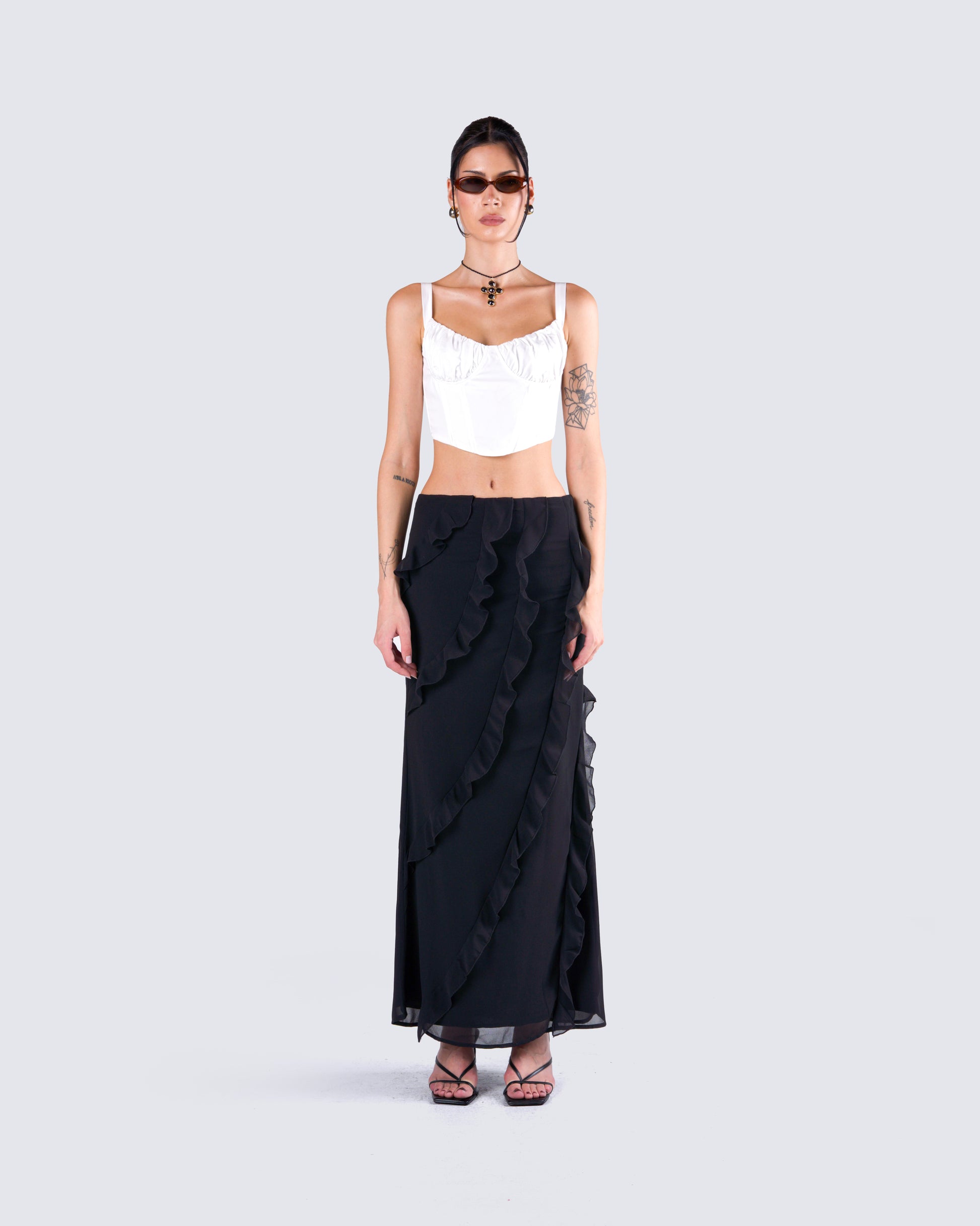 Sissy Black Ruffle Maxi Skirt model front