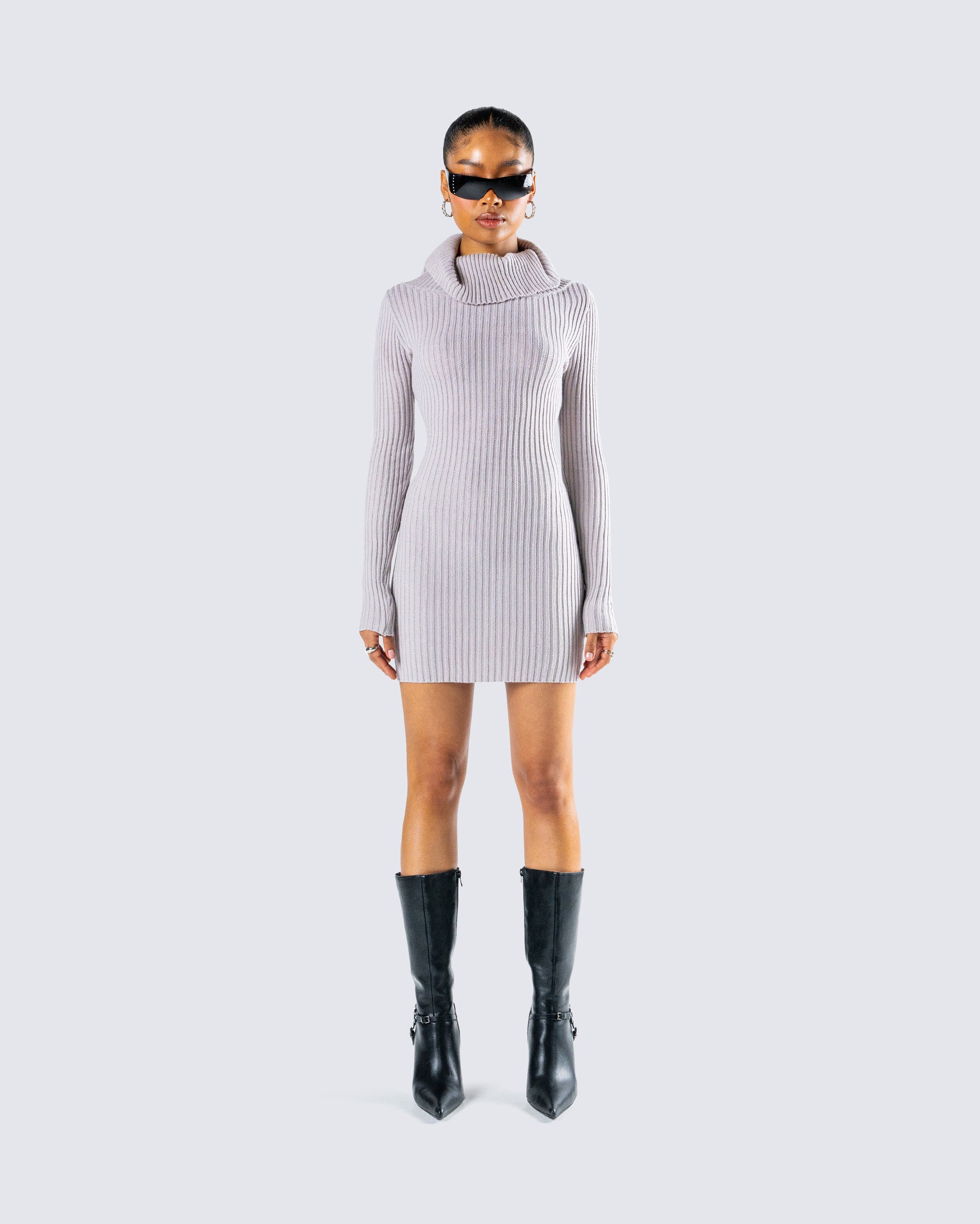 Hala Grey Cowl Neck Sweater Dress model front