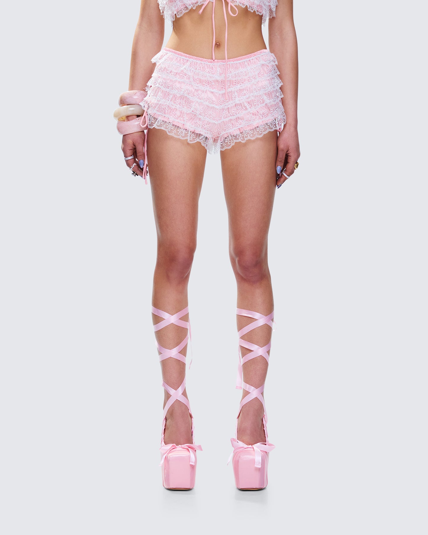 Hali Pink Lace Up Ruffle Micro Mini Short model front